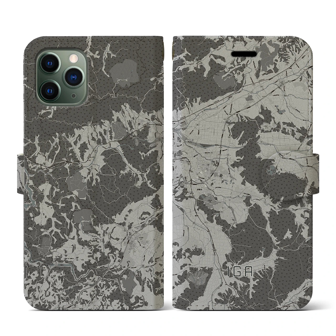 【伊賀(三重県)】地図柄iPhoneケース(手帳タイプ)モノトーン・iPhone 11 Pro 用