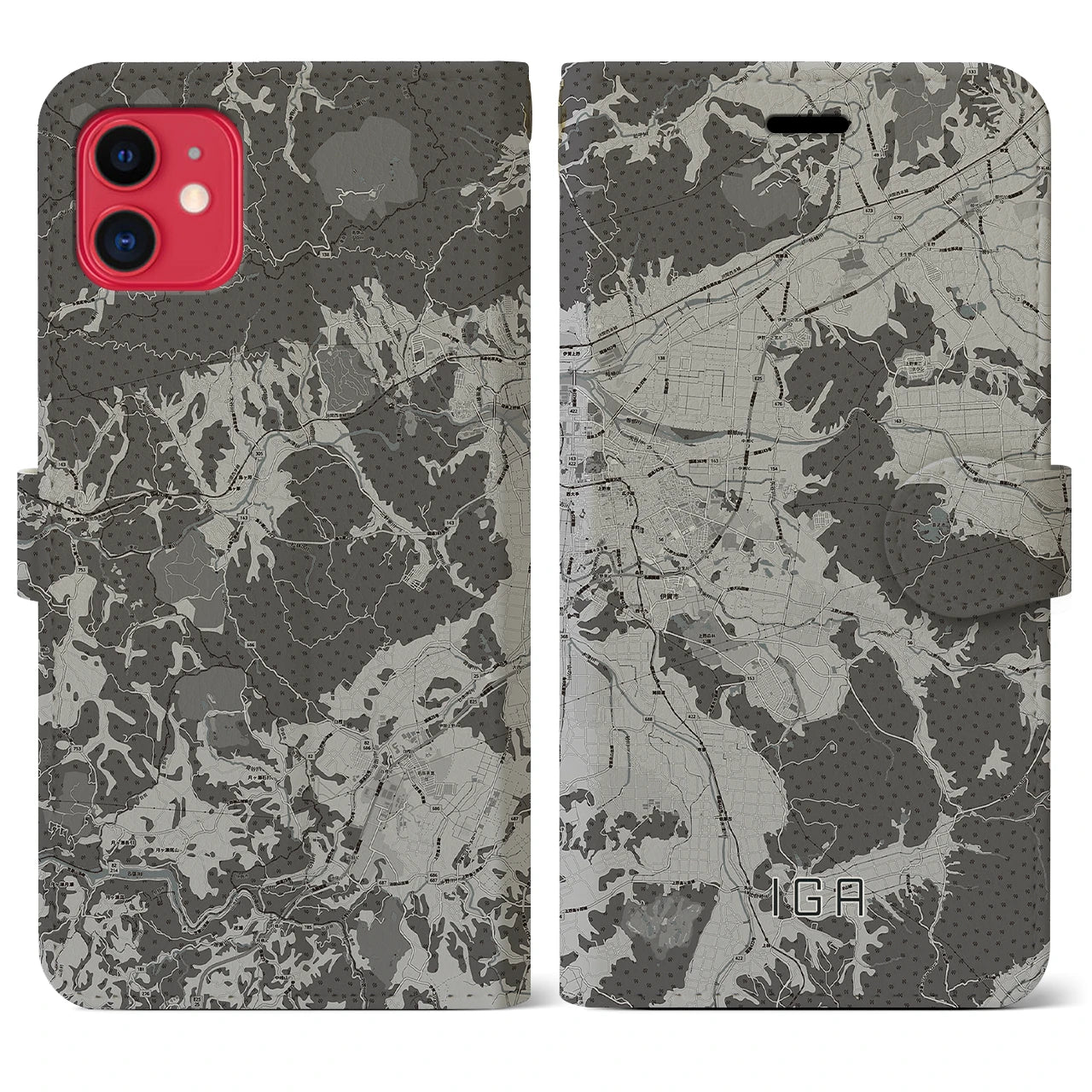 【伊賀(三重県)】地図柄iPhoneケース(手帳タイプ)モノトーン・iPhone 11 用
