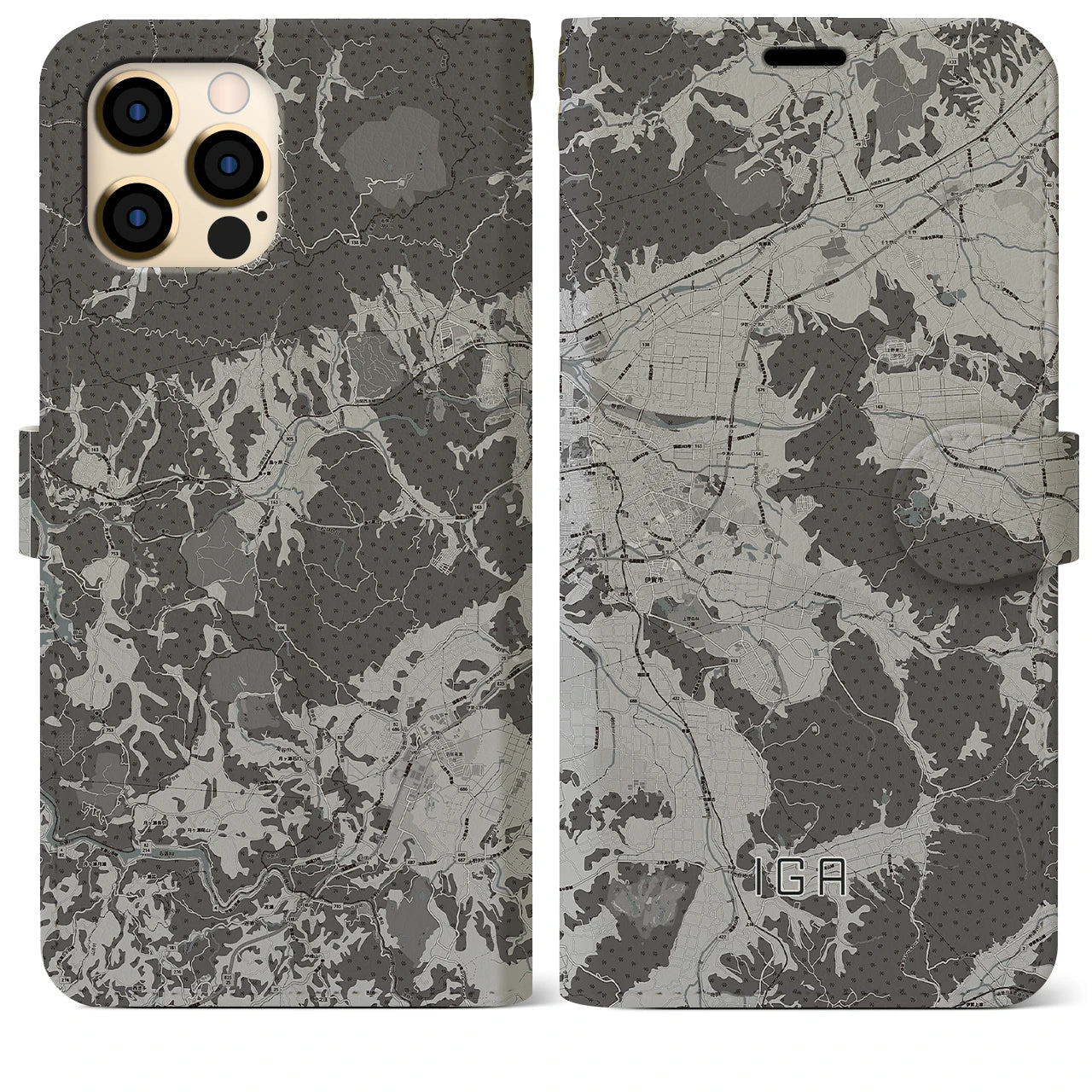 【伊賀(三重県)】地図柄iPhoneケース(手帳タイプ)モノトーン・iPhone 12 Pro Max 用