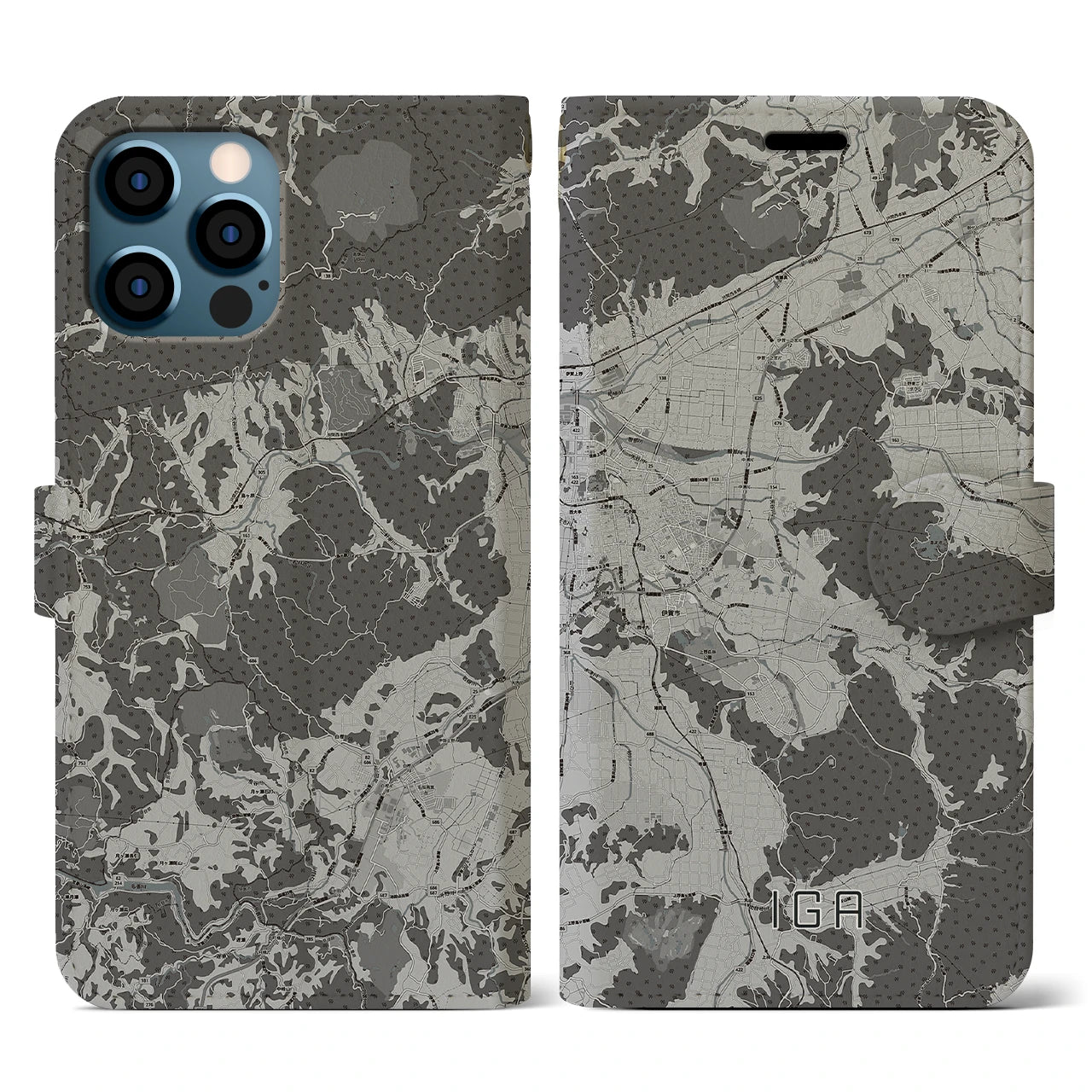 【伊賀(三重県)】地図柄iPhoneケース(手帳タイプ)モノトーン・iPhone 12 / 12 Pro 用
