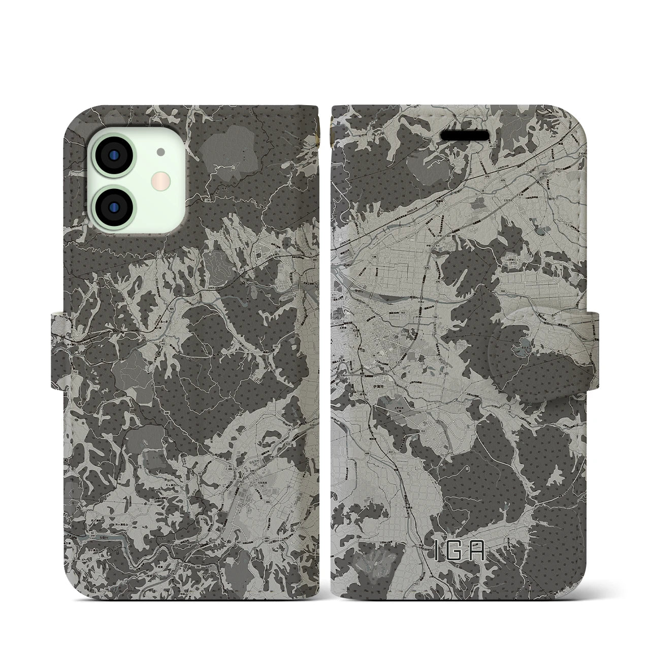【伊賀(三重県)】地図柄iPhoneケース(手帳タイプ)モノトーン・iPhone 12 mini 用