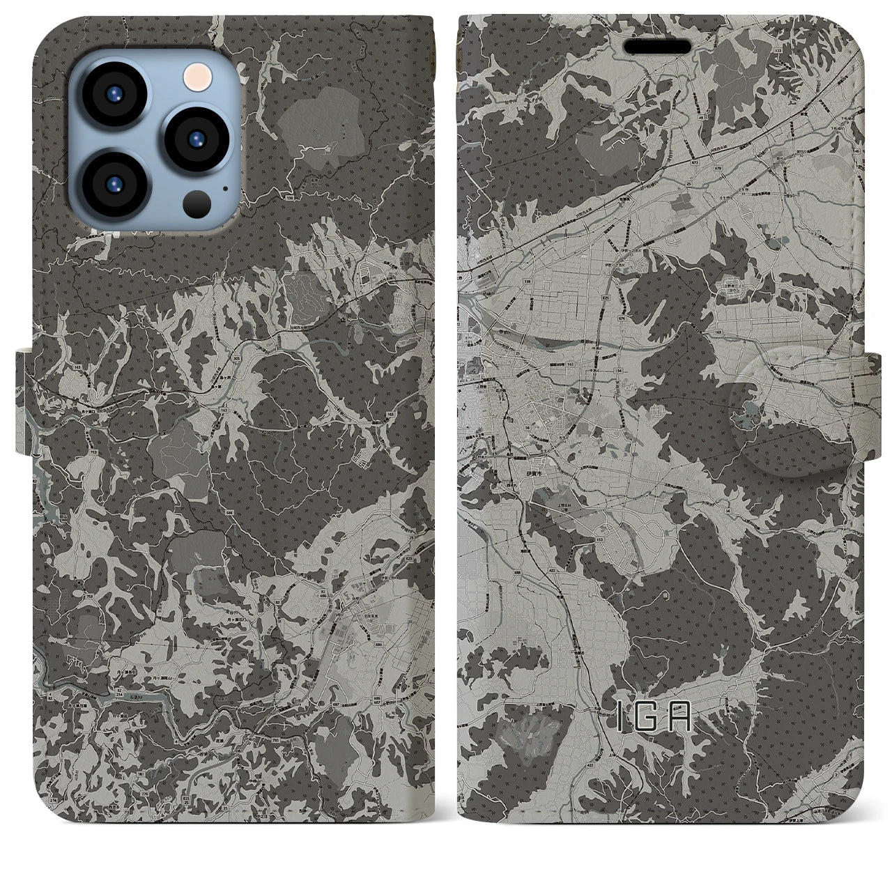 【伊賀(三重県)】地図柄iPhoneケース(手帳タイプ)モノトーン・iPhone 13 Pro Max 用
