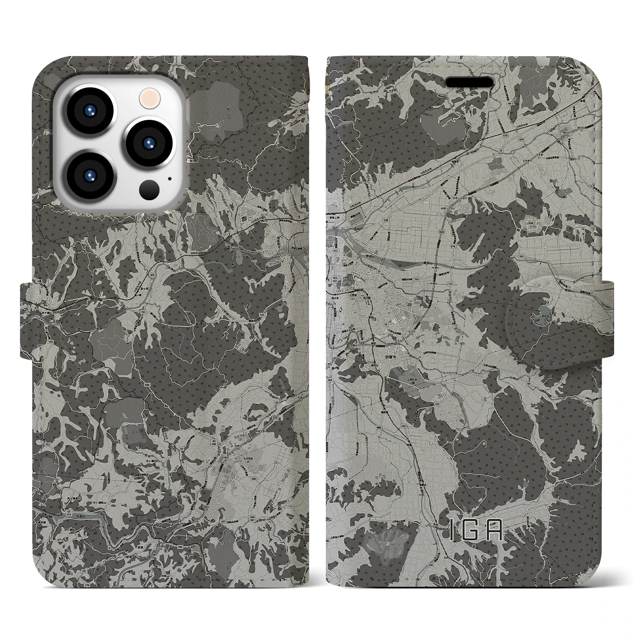【伊賀(三重県)】地図柄iPhoneケース(手帳タイプ)モノトーン・iPhone 13 Pro 用