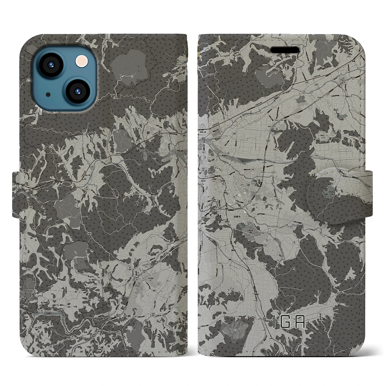 【伊賀(三重県)】地図柄iPhoneケース(手帳タイプ)モノトーン・iPhone 13 用