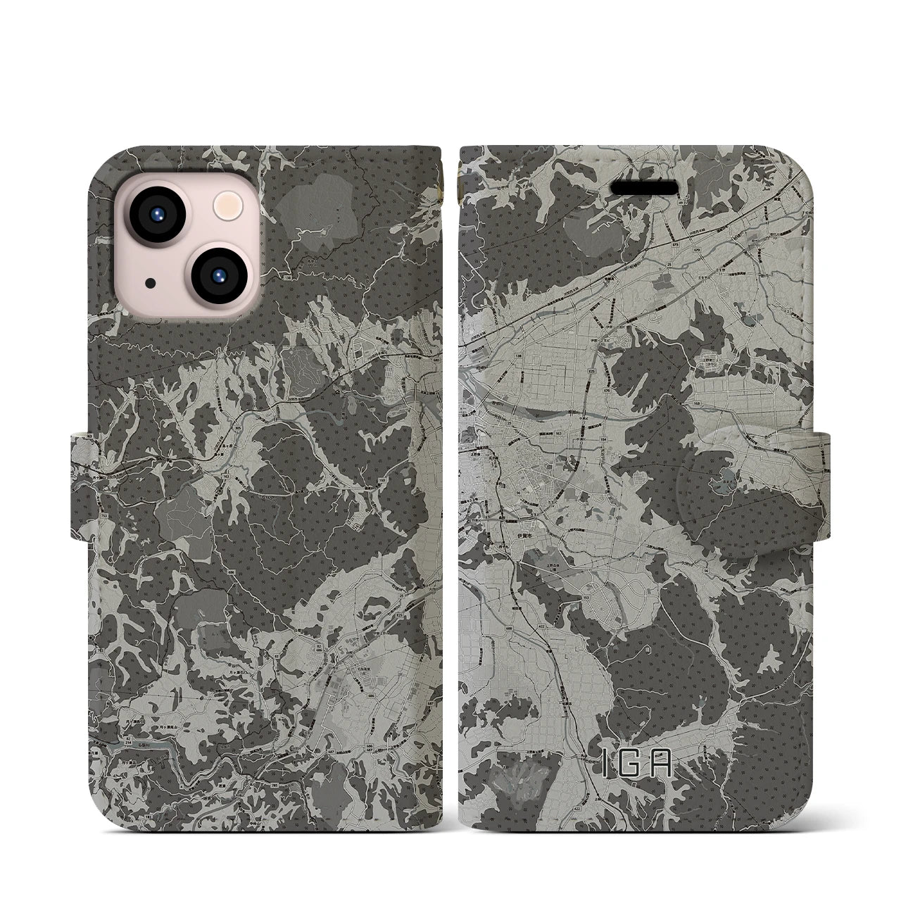 【伊賀(三重県)】地図柄iPhoneケース(手帳タイプ)モノトーン・iPhone 13 mini 用