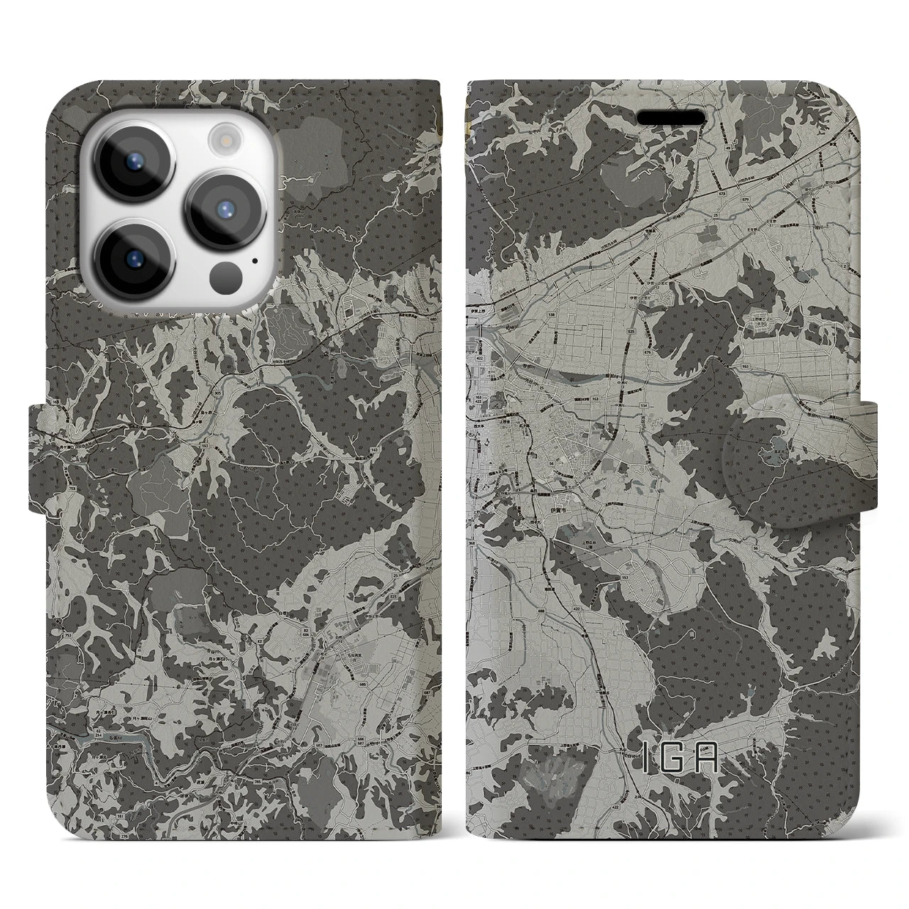 【伊賀(三重県)】地図柄iPhoneケース(手帳タイプ)モノトーン・iPhone 14 Pro 用
