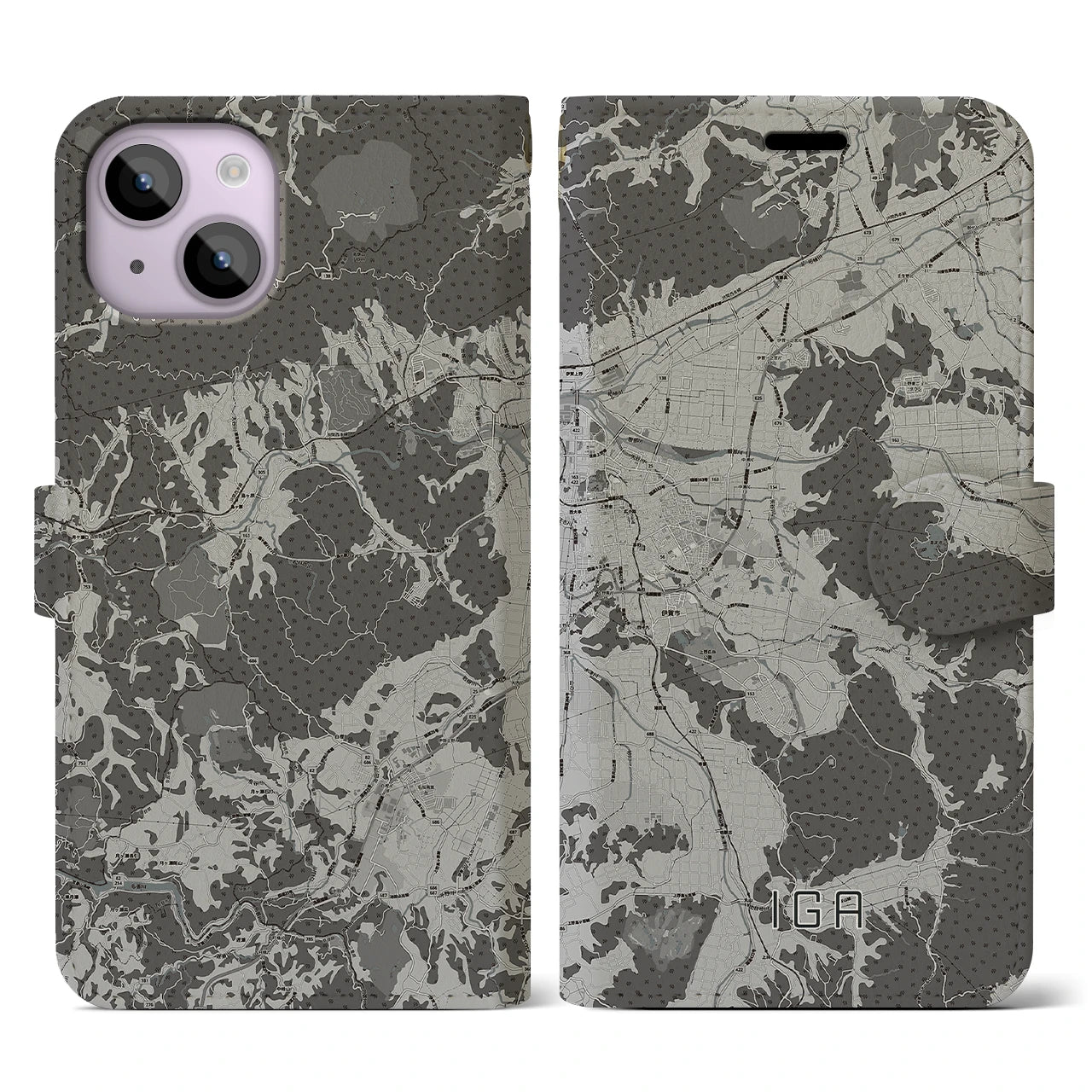 【伊賀(三重県)】地図柄iPhoneケース(手帳タイプ)モノトーン・iPhone 14 用