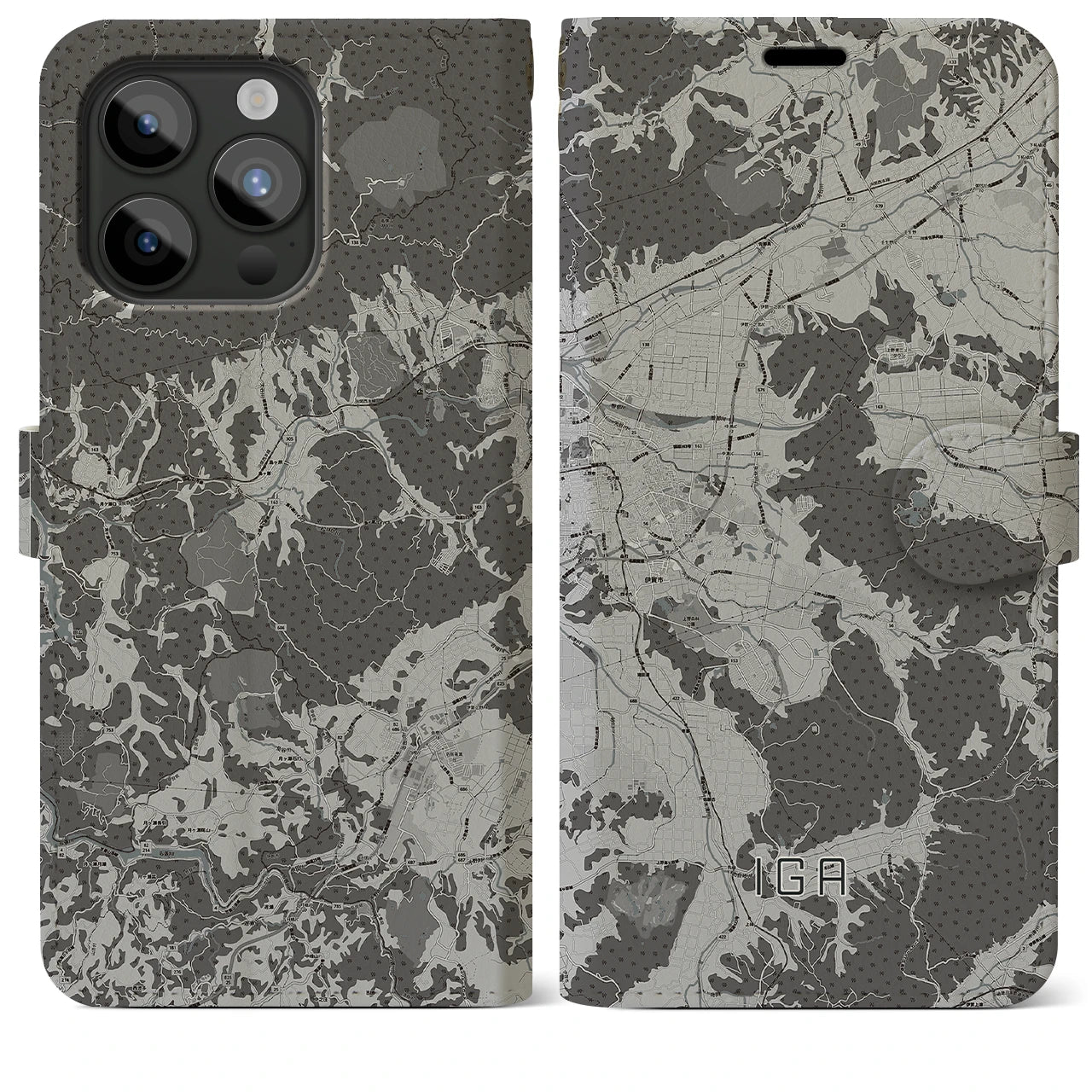 【伊賀(三重県)】地図柄iPhoneケース(手帳タイプ)モノトーン・iPhone 15 Pro Max 用