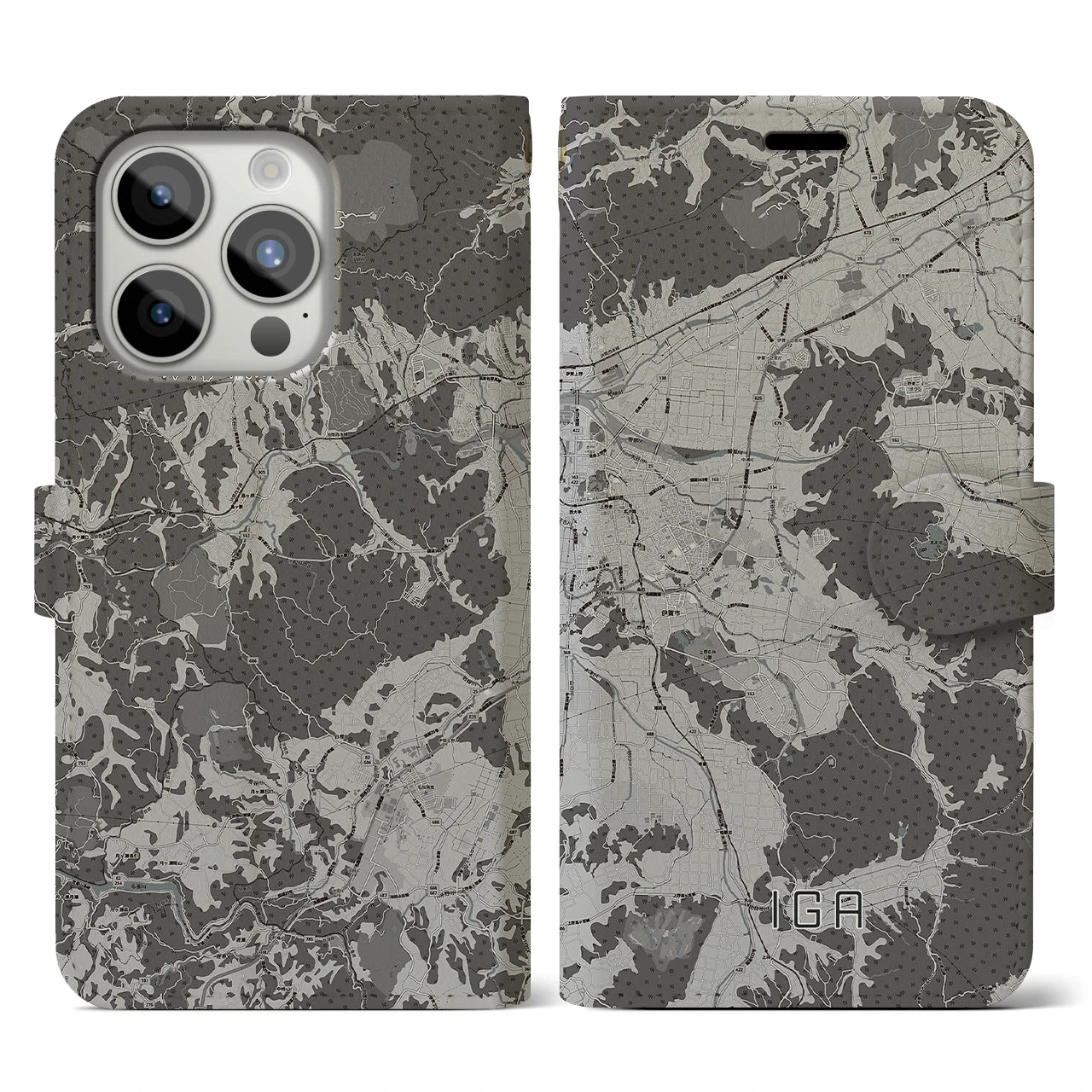 【伊賀(三重県)】地図柄iPhoneケース(手帳タイプ)モノトーン・iPhone 15 Pro 用