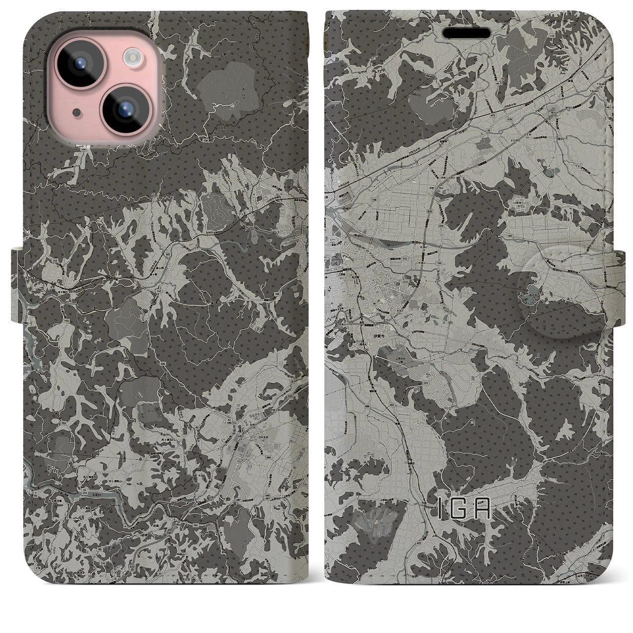 【伊賀(三重県)】地図柄iPhoneケース(手帳タイプ)モノトーン・iPhone 15 Plus 用