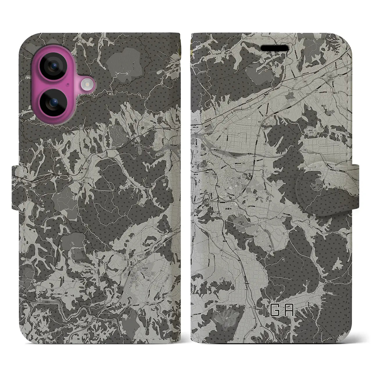 【伊賀(三重県)】地図柄iPhoneケース(手帳タイプ)モノトーン・iPhone 16 Pro 用