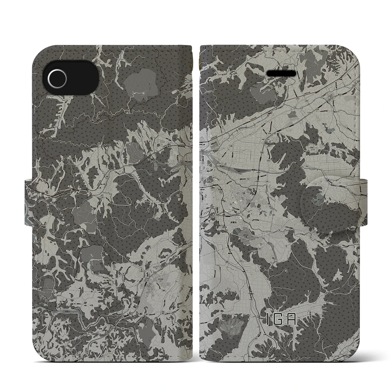 【伊賀(三重県)】地図柄iPhoneケース(手帳タイプ)モノトーン・iPhone SE(第3 / 第2世代) / 8 / 7 / 6s / 6 用