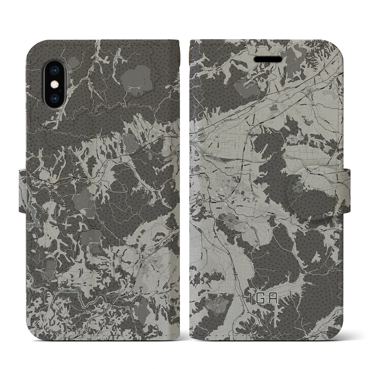 【伊賀(三重県)】地図柄iPhoneケース(手帳タイプ)モノトーン・iPhone XS / X 用