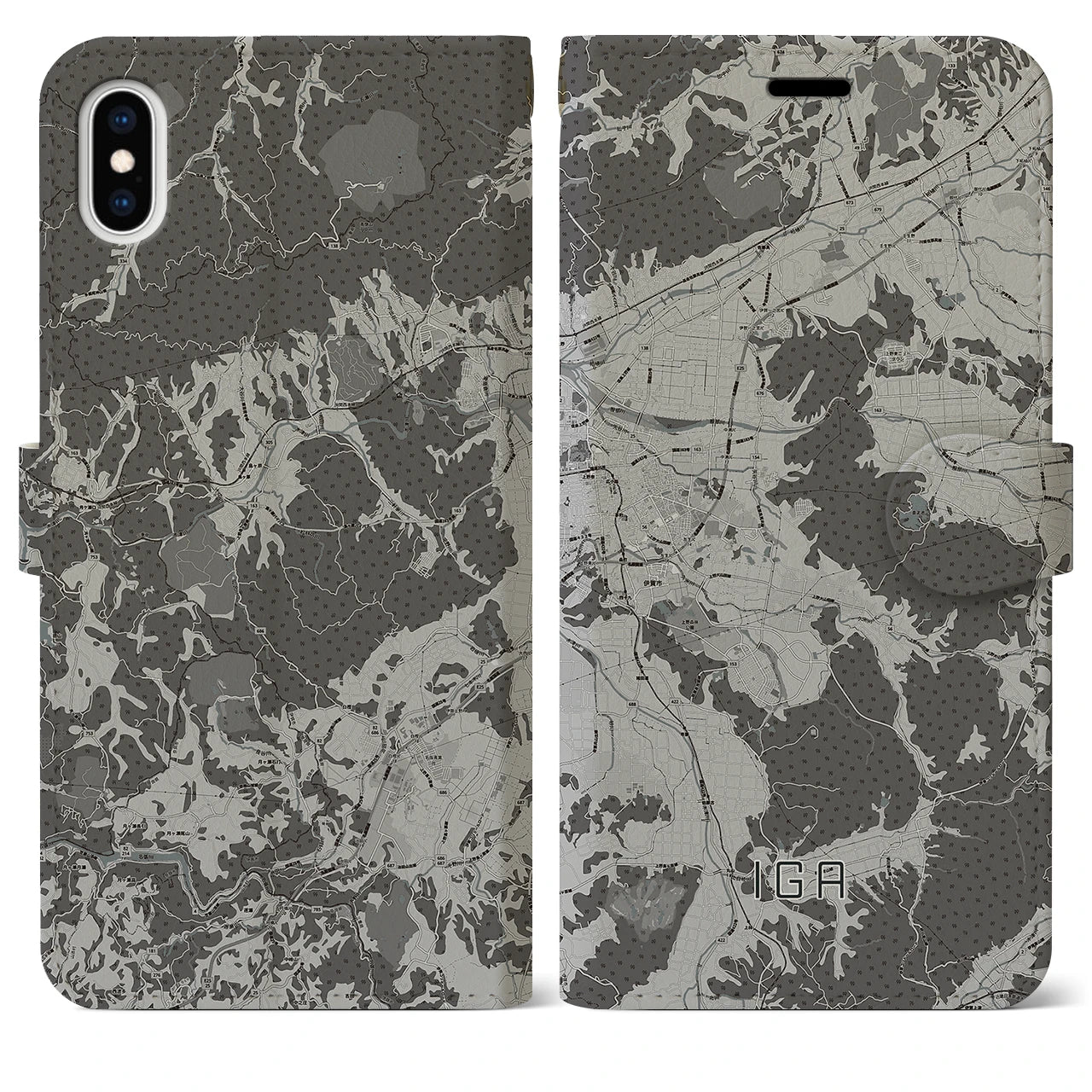 【伊賀(三重県)】地図柄iPhoneケース(手帳タイプ)モノトーン・iPhone XS Max 用