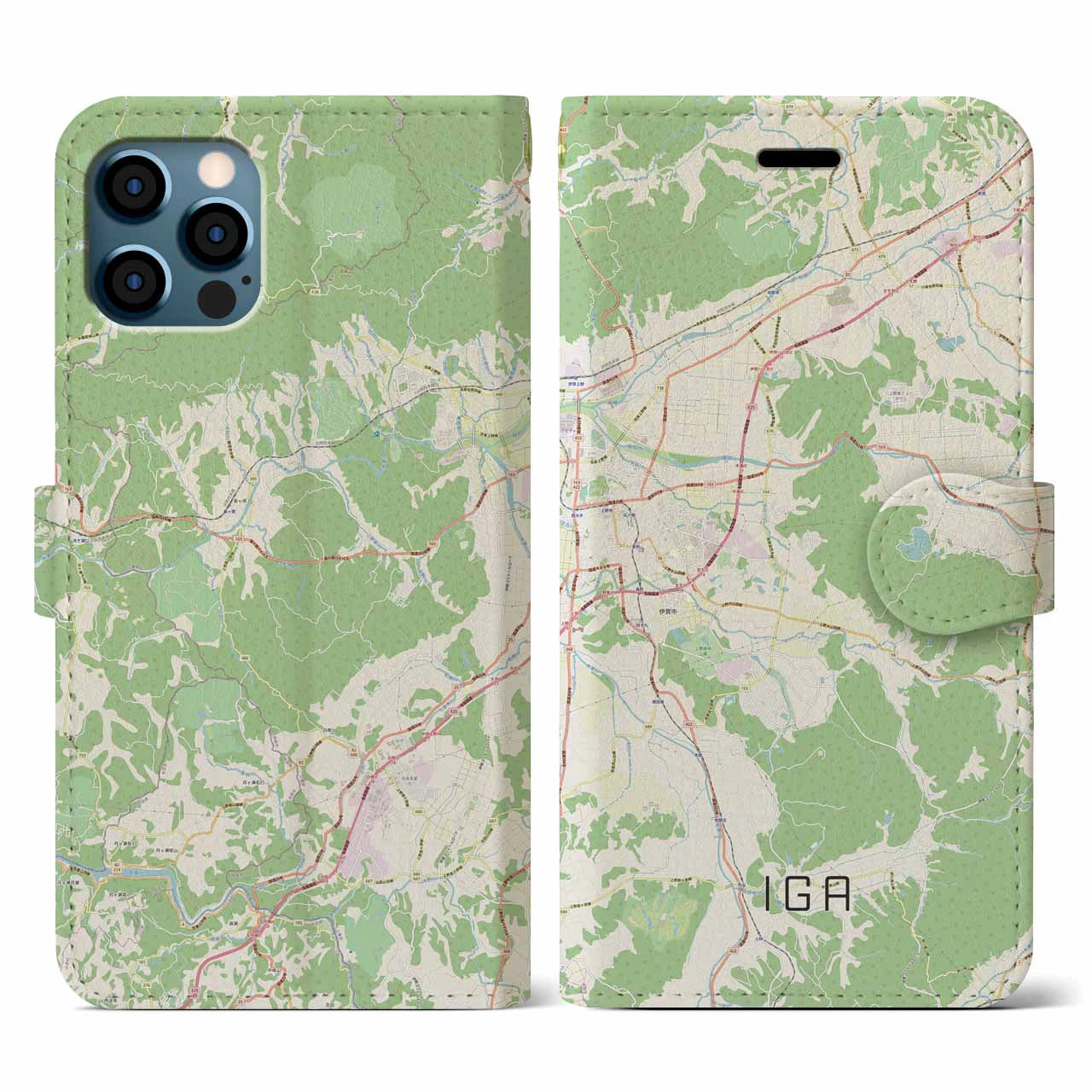 【伊賀(三重県)】地図柄iPhoneケース(手帳タイプ)ナチュラル・iPhone 12 / 12 Pro 用