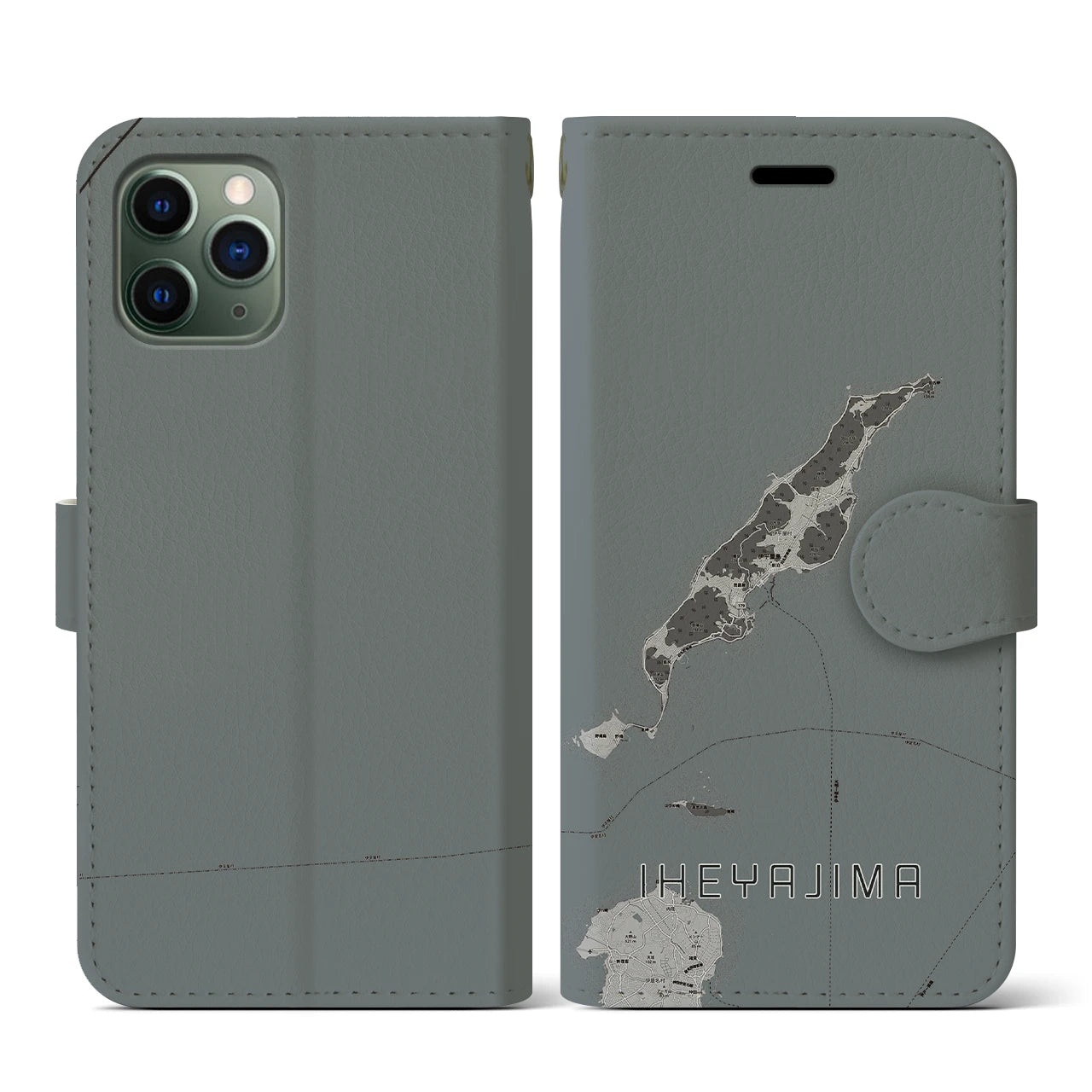 【伊平屋島(沖縄県)】地図柄iPhoneケース(手帳タイプ)モノトーン・iPhone 11 Pro 用