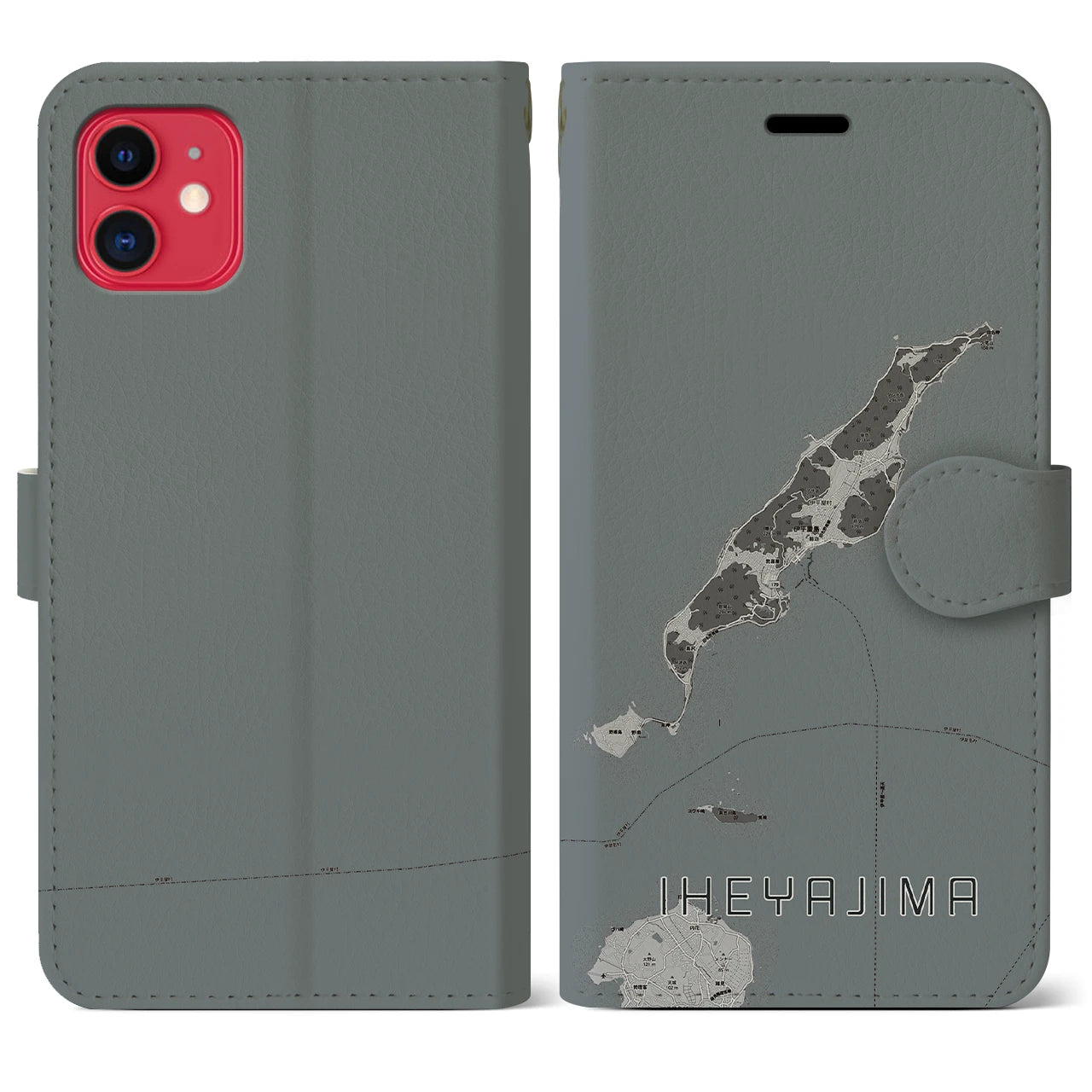 【伊平屋島(沖縄県)】地図柄iPhoneケース(手帳タイプ)モノトーン・iPhone 11 用