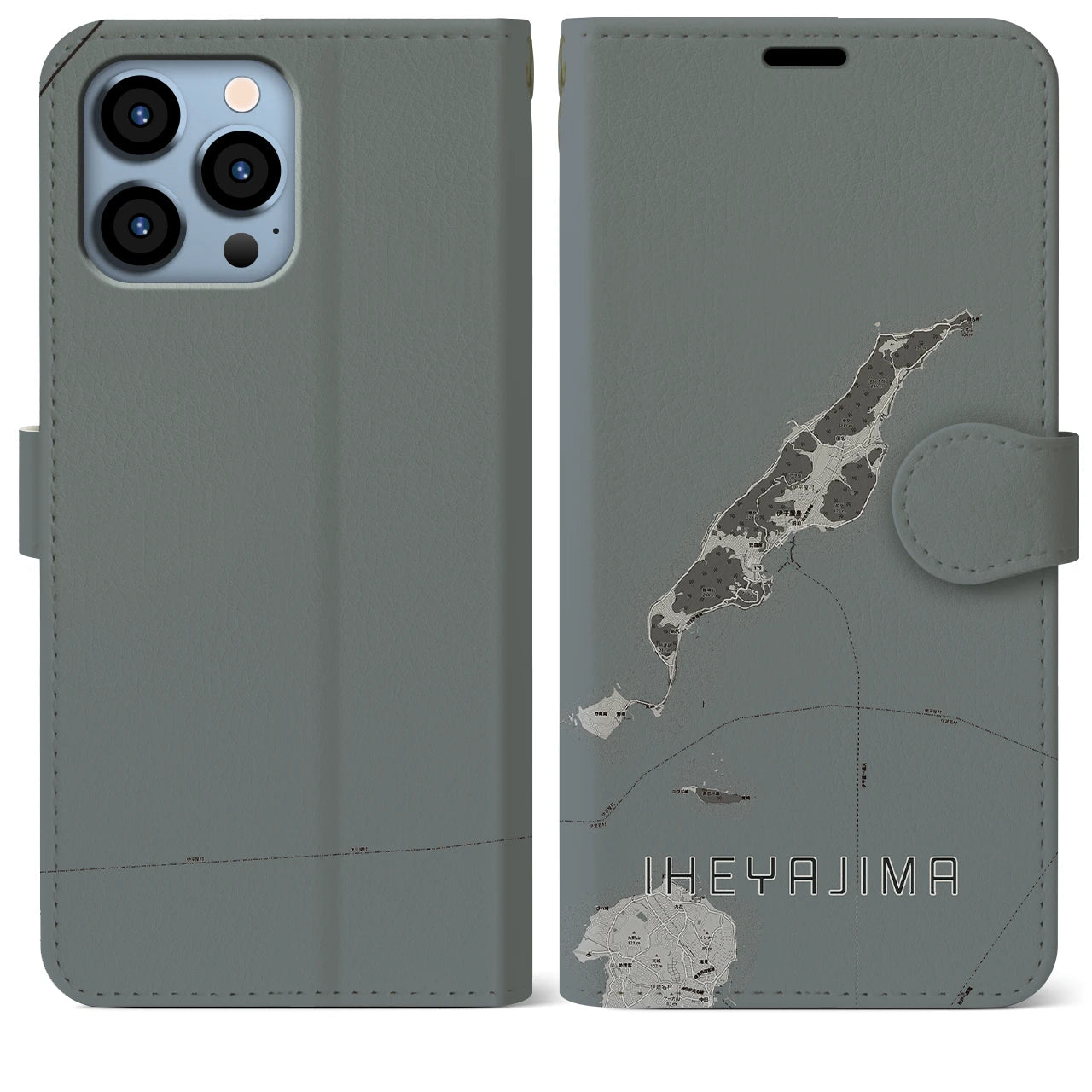 【伊平屋島(沖縄県)】地図柄iPhoneケース(手帳タイプ)モノトーン・iPhone 13 Pro Max 用