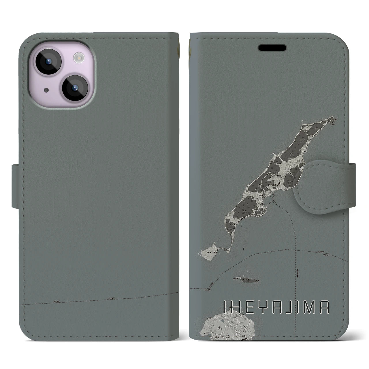 【伊平屋島(沖縄県)】地図柄iPhoneケース(手帳タイプ)モノトーン・iPhone 14 用