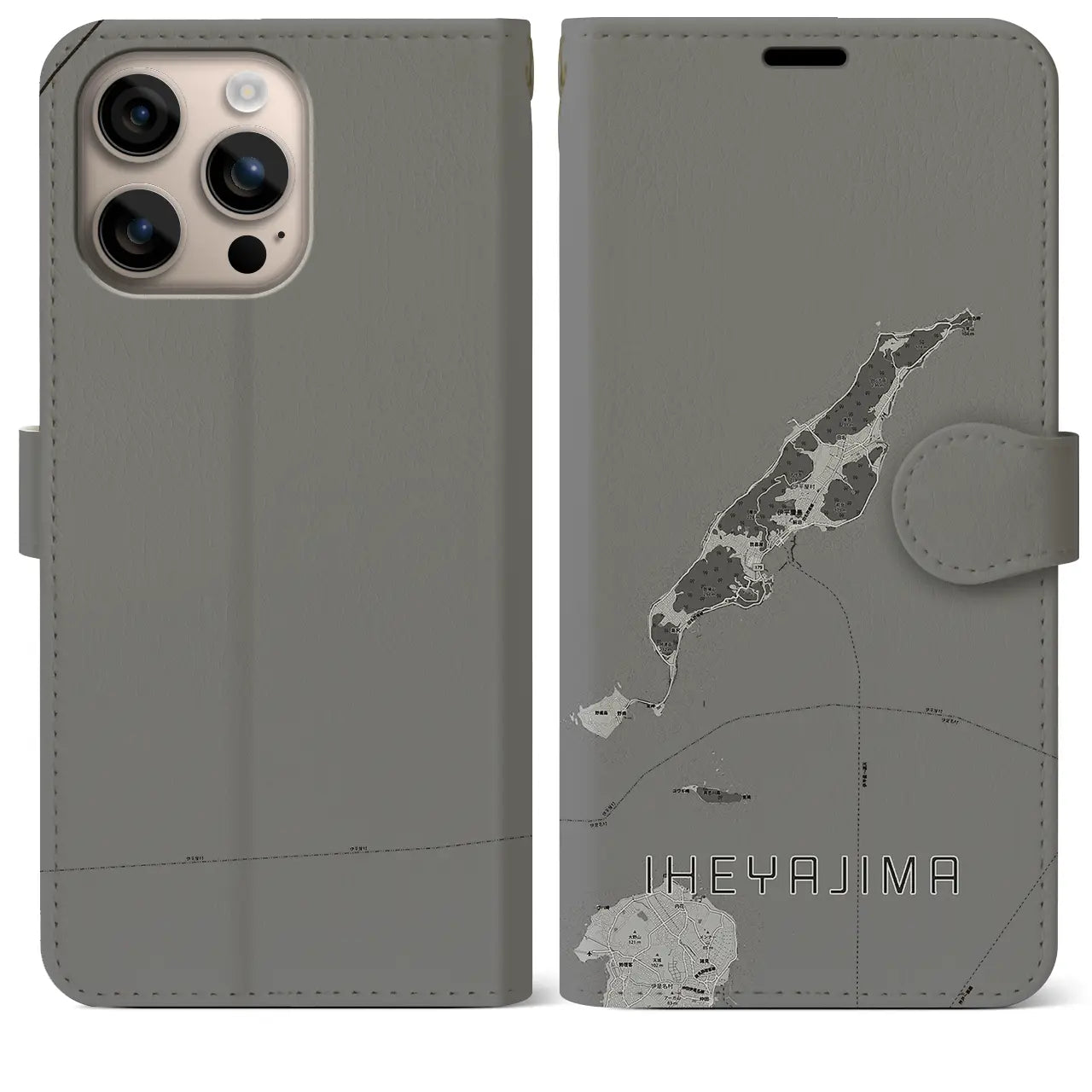 【伊平屋島(沖縄県)】地図柄iPhoneケース(手帳タイプ)モノトーン・iPhone 16 Plus 用