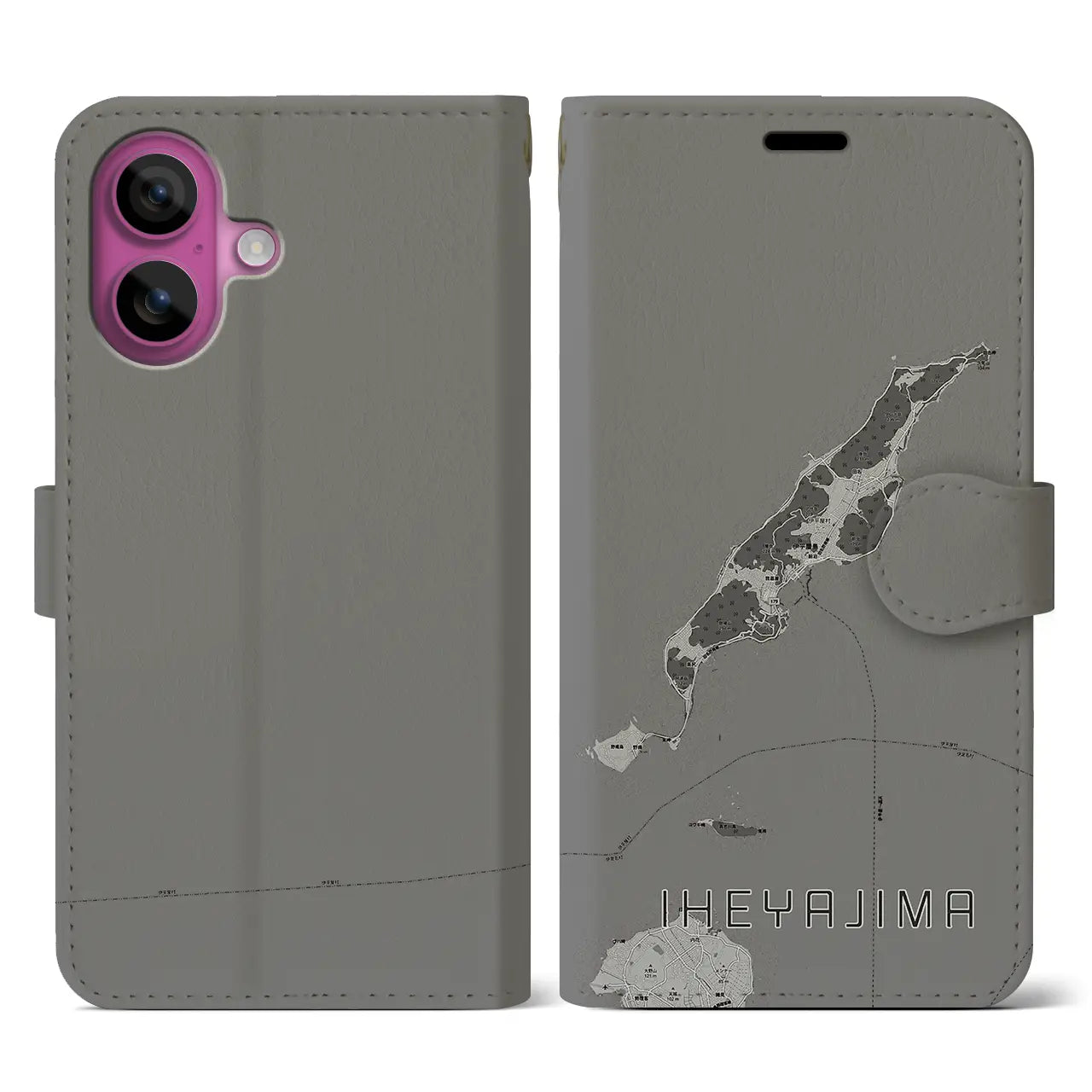 【伊平屋島(沖縄県)】地図柄iPhoneケース(手帳タイプ)モノトーン・iPhone 16 Pro 用