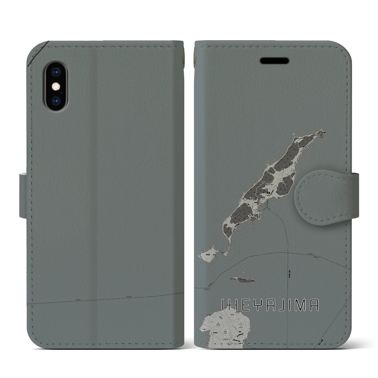 【伊平屋島(沖縄県)】地図柄iPhoneケース(手帳タイプ)モノトーン・iPhone XS / X 用
