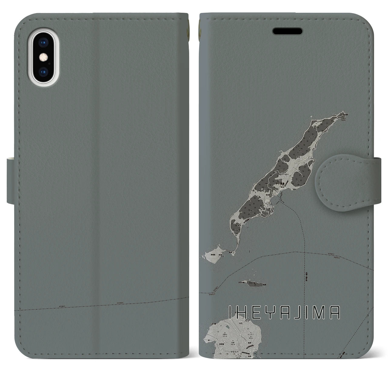 【伊平屋島(沖縄県)】地図柄iPhoneケース(手帳タイプ)モノトーン・iPhone XS Max 用
