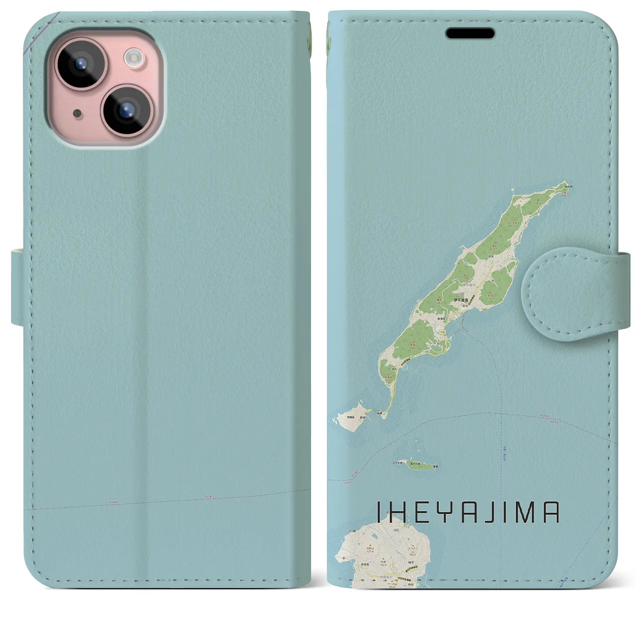 【伊平屋島(沖縄県)】地図柄iPhoneケース(手帳タイプ)ナチュラル・iPhone 15 Plus 用
