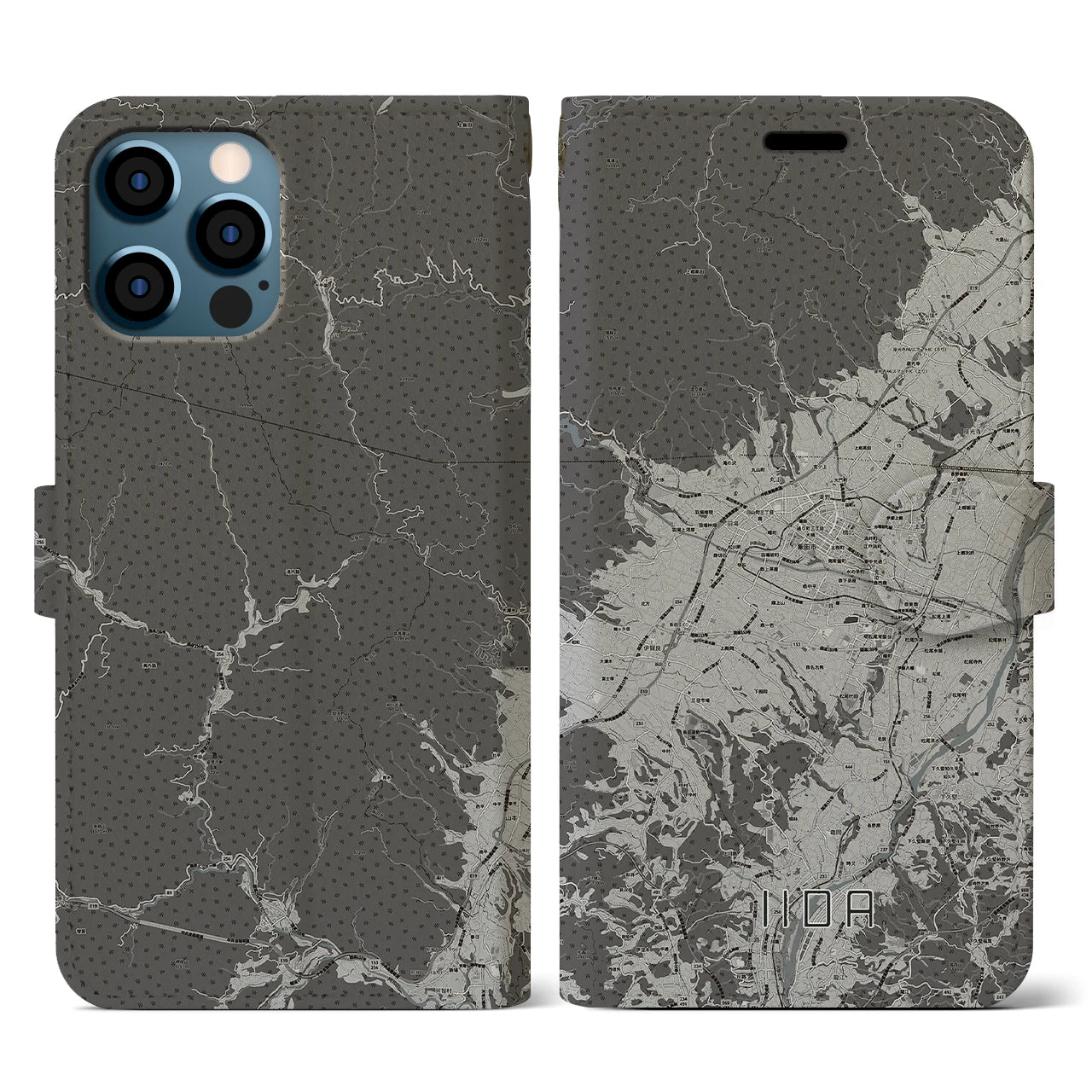 【飯田(長野県)】地図柄iPhoneケース(手帳タイプ)モノトーン・iPhone 12 / 12 Pro 用