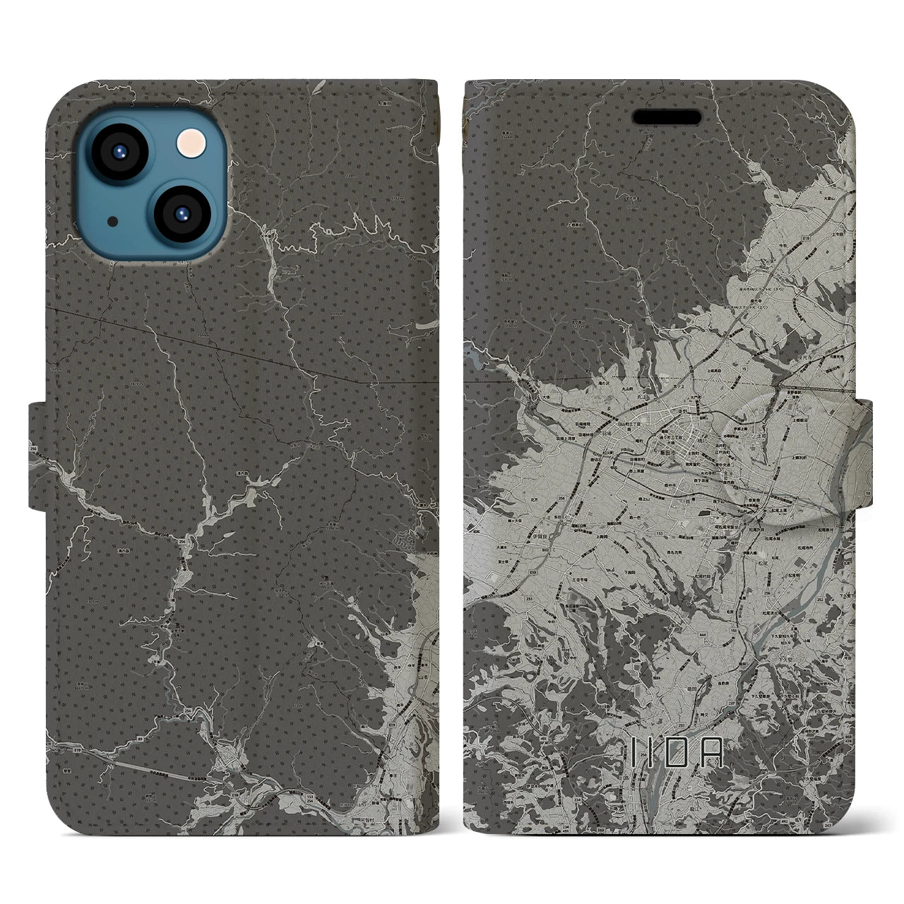 【飯田(長野県)】地図柄iPhoneケース(手帳タイプ)モノトーン・iPhone 13 用