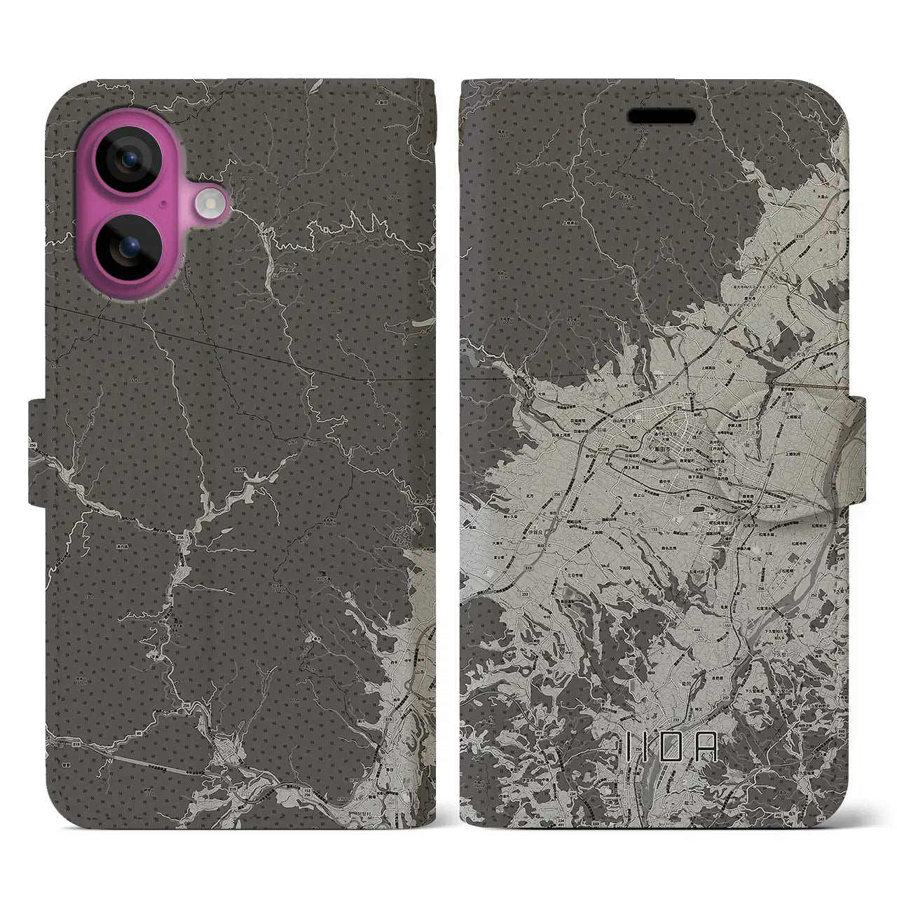 【飯田(長野県)】地図柄iPhoneケース(手帳タイプ)モノトーン・iPhone 16 Pro 用