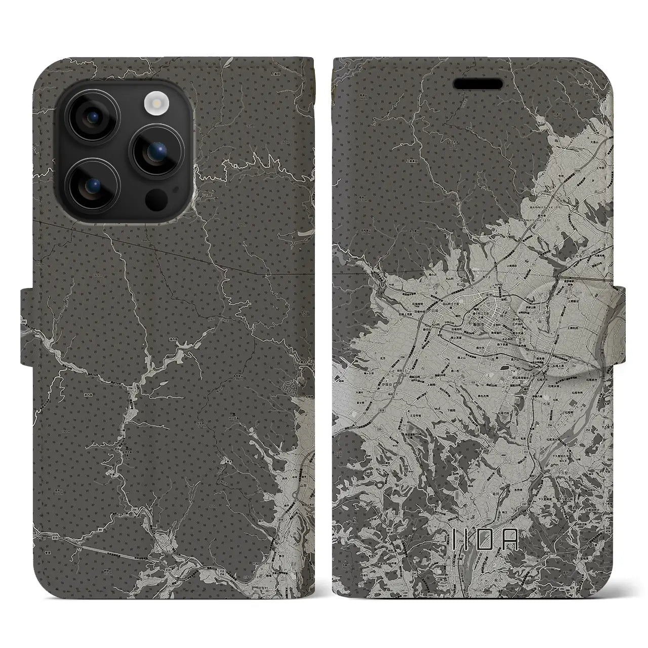 【飯田(長野県)】地図柄iPhoneケース(手帳タイプ)モノトーン・iPhone 16 用