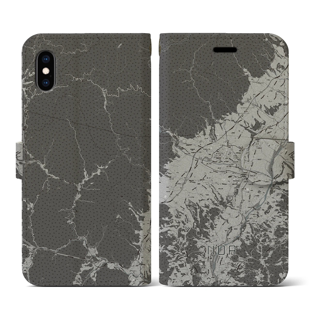 【飯田(長野県)】地図柄iPhoneケース(手帳タイプ)モノトーン・iPhone XS / X 用