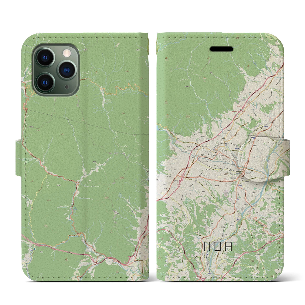 【飯田(長野県)】地図柄iPhoneケース(手帳タイプ)ナチュラル・iPhone 11 Pro 用