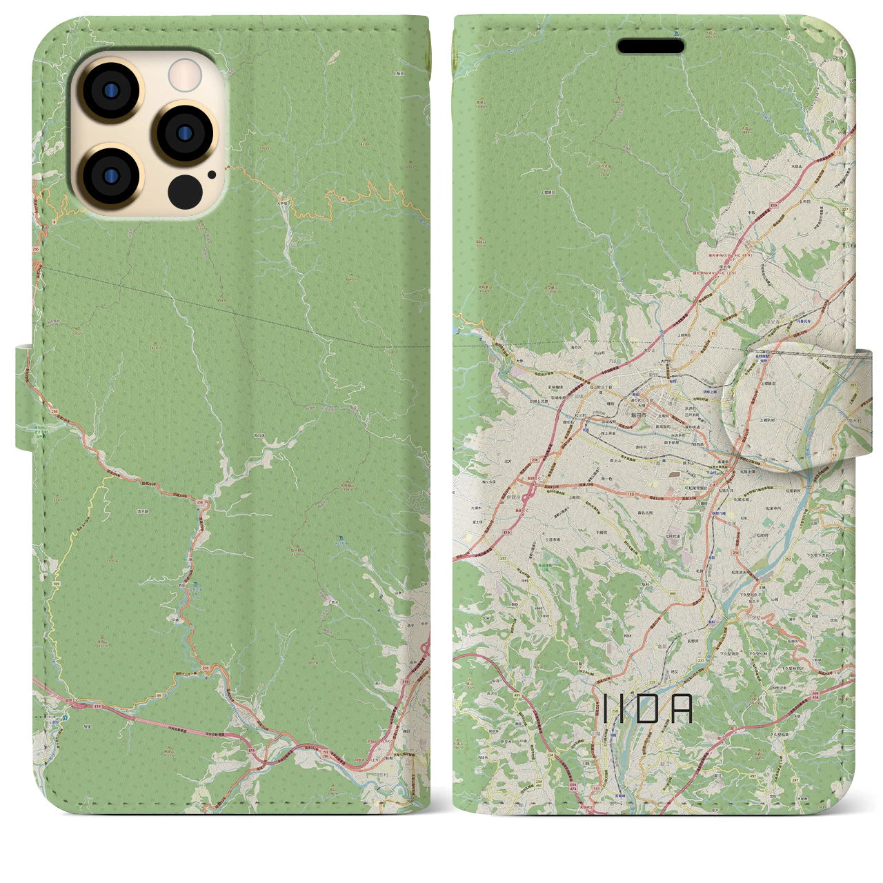 【飯田(長野県)】地図柄iPhoneケース(手帳タイプ)ナチュラル・iPhone 12 Pro Max 用