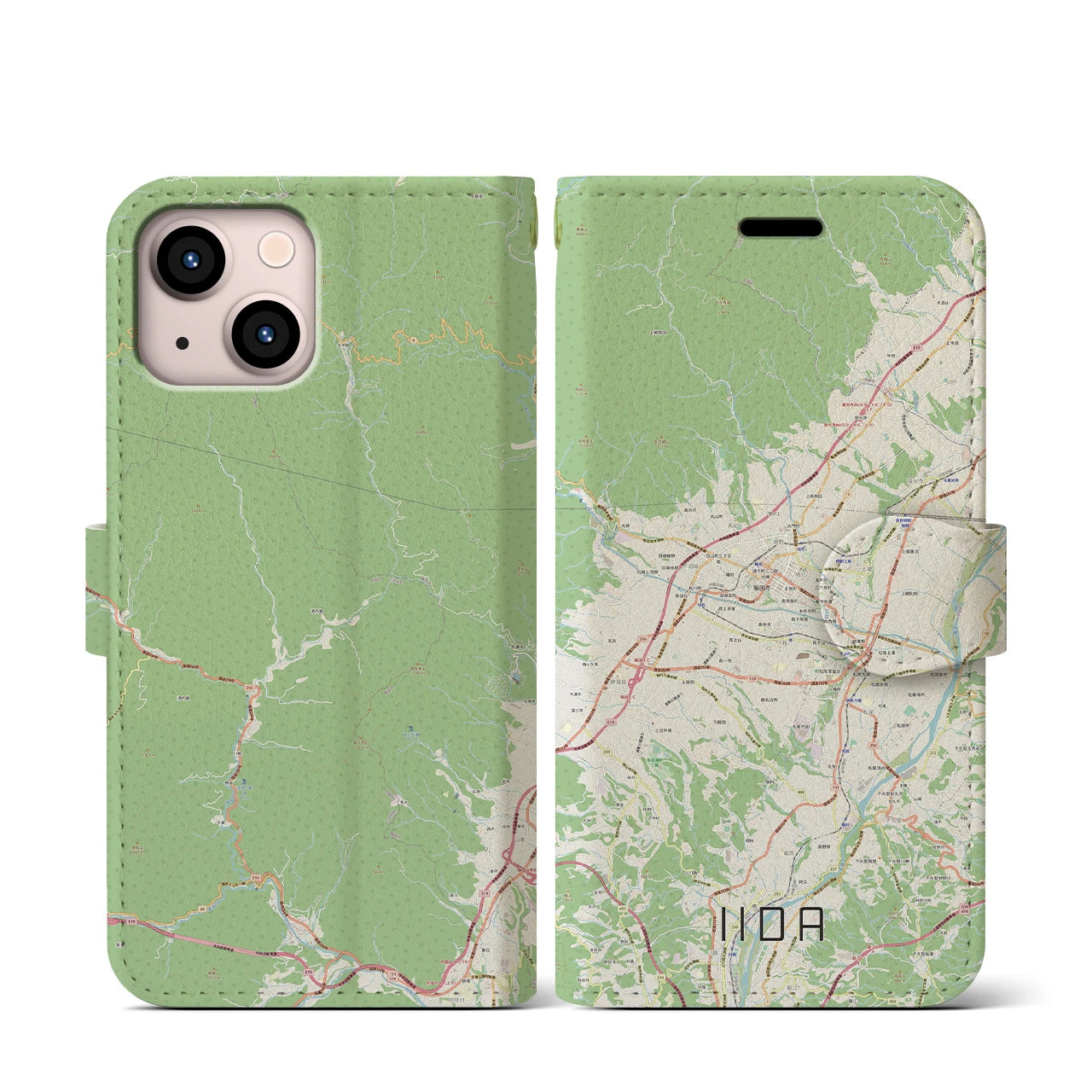 【飯田(長野県)】地図柄iPhoneケース(手帳タイプ)ナチュラル・iPhone 13 mini 用