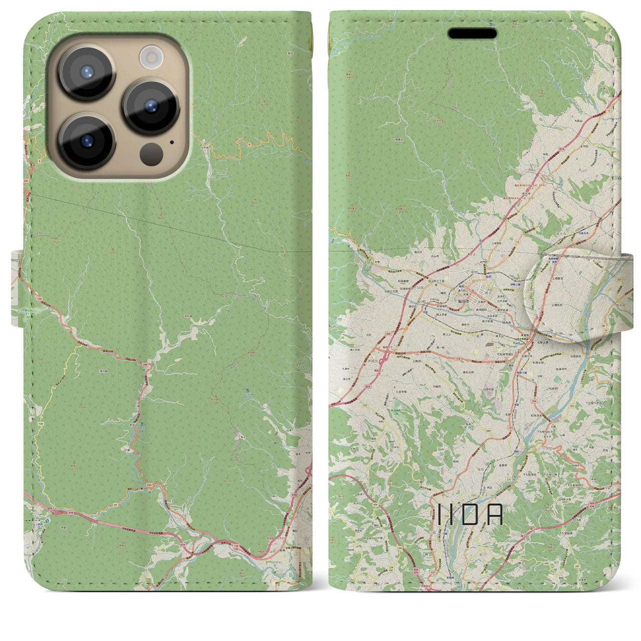 【飯田(長野県)】地図柄iPhoneケース(手帳タイプ)ナチュラル・iPhone 14 Pro Max 用
