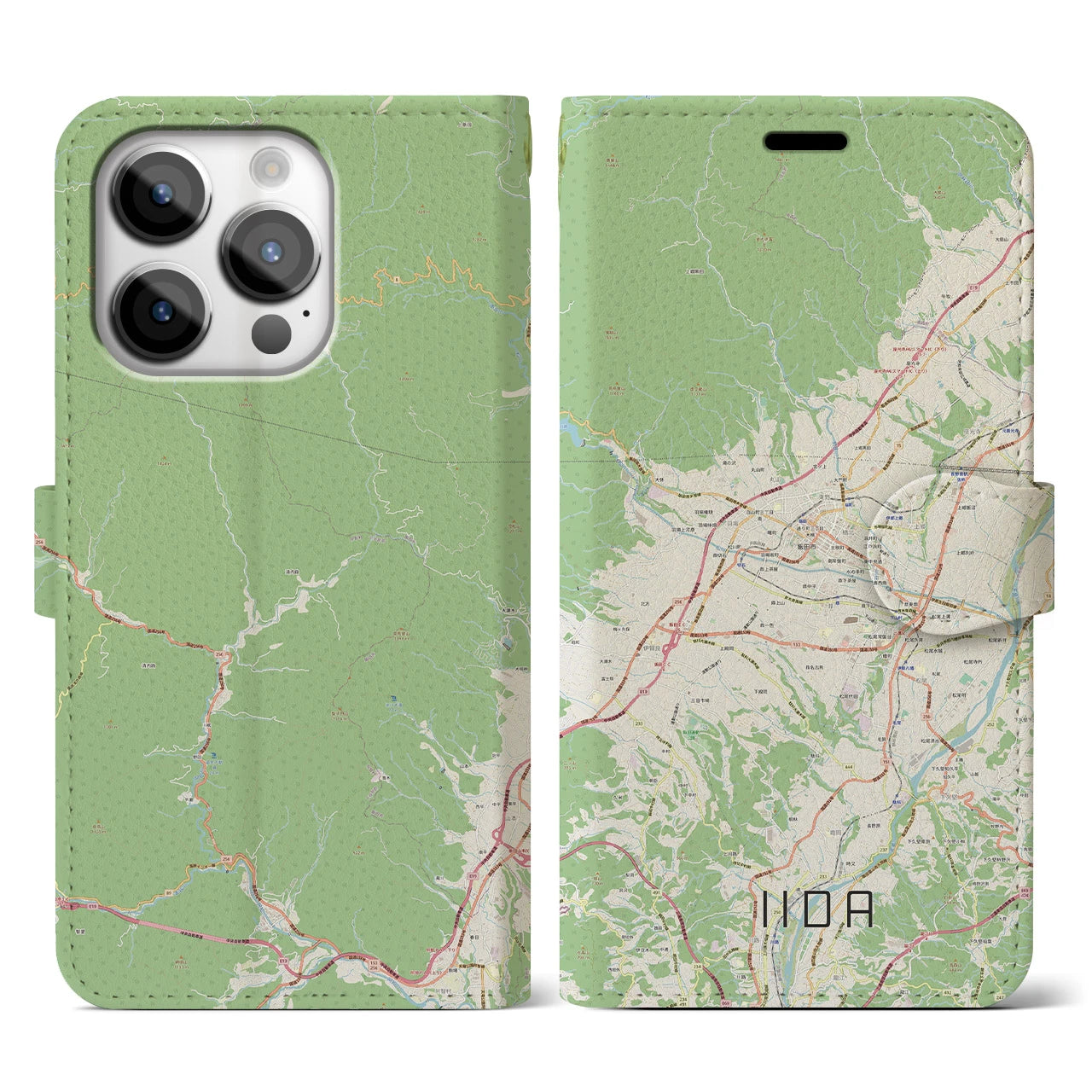 【飯田(長野県)】地図柄iPhoneケース(手帳タイプ)ナチュラル・iPhone 14 Pro 用