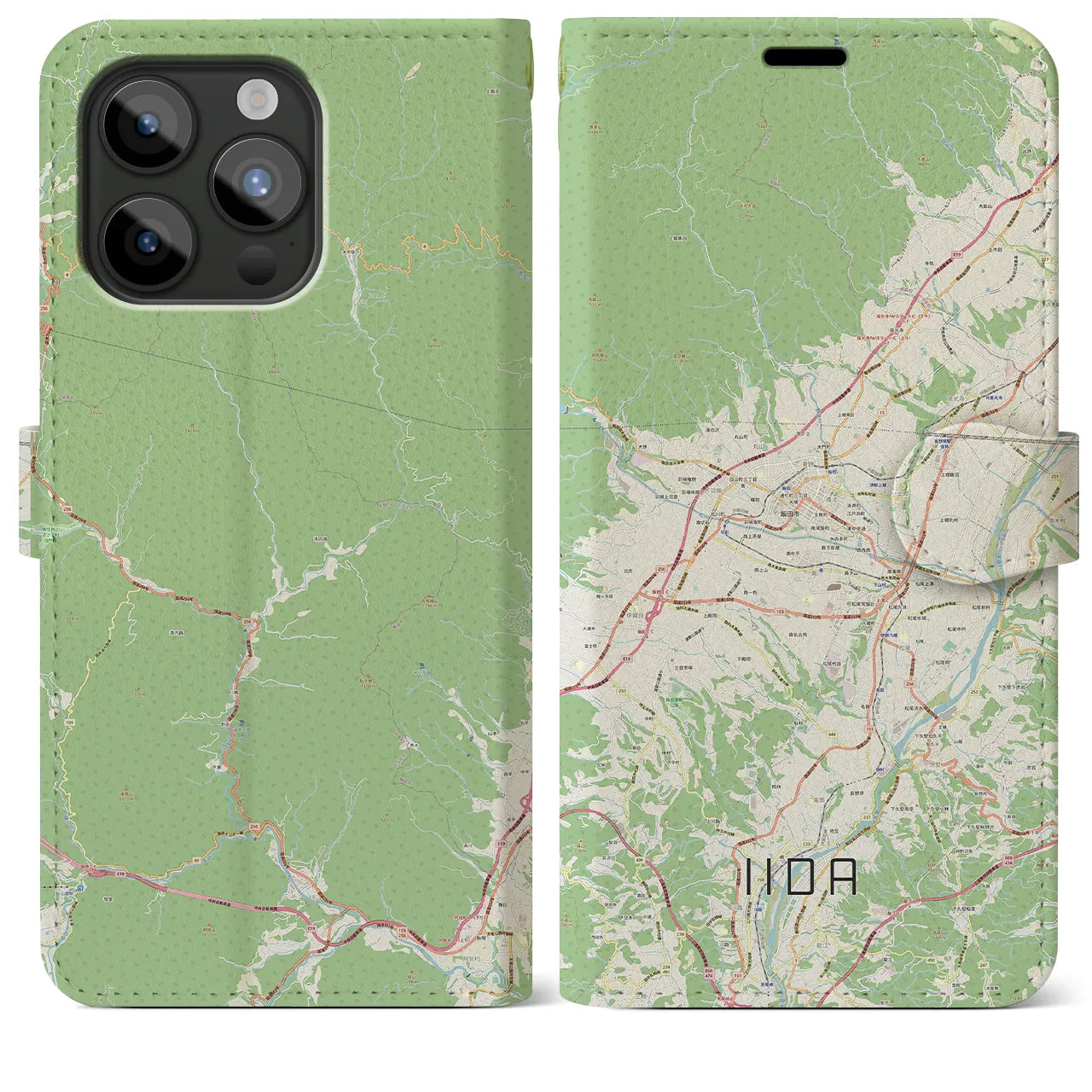 【飯田(長野県)】地図柄iPhoneケース(手帳タイプ)ナチュラル・iPhone 15 Pro Max 用