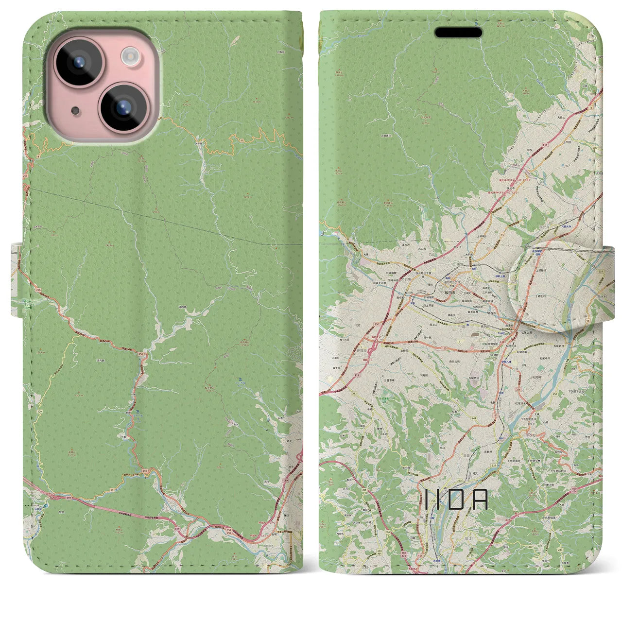 【飯田(長野県)】地図柄iPhoneケース(手帳タイプ)ナチュラル・iPhone 15 Plus 用