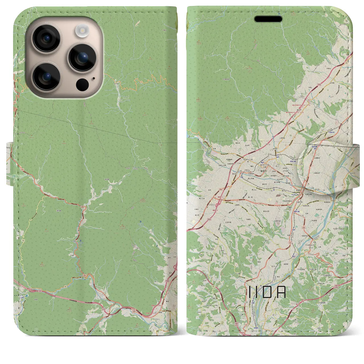 【飯田(長野県)】地図柄iPhoneケース(手帳タイプ)ナチュラル・iPhone 16 Plus 用