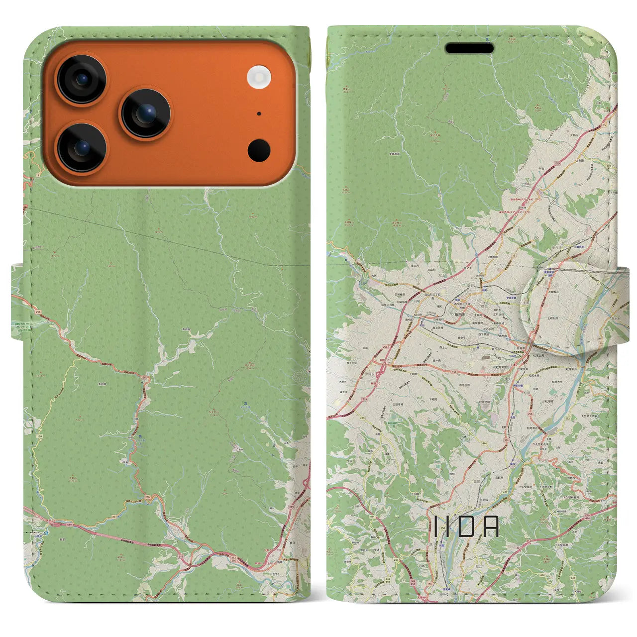 【飯田(長野県)】地図柄iPhoneケース(手帳タイプ)ナチュラル・iPhone 17 Pro Max 用