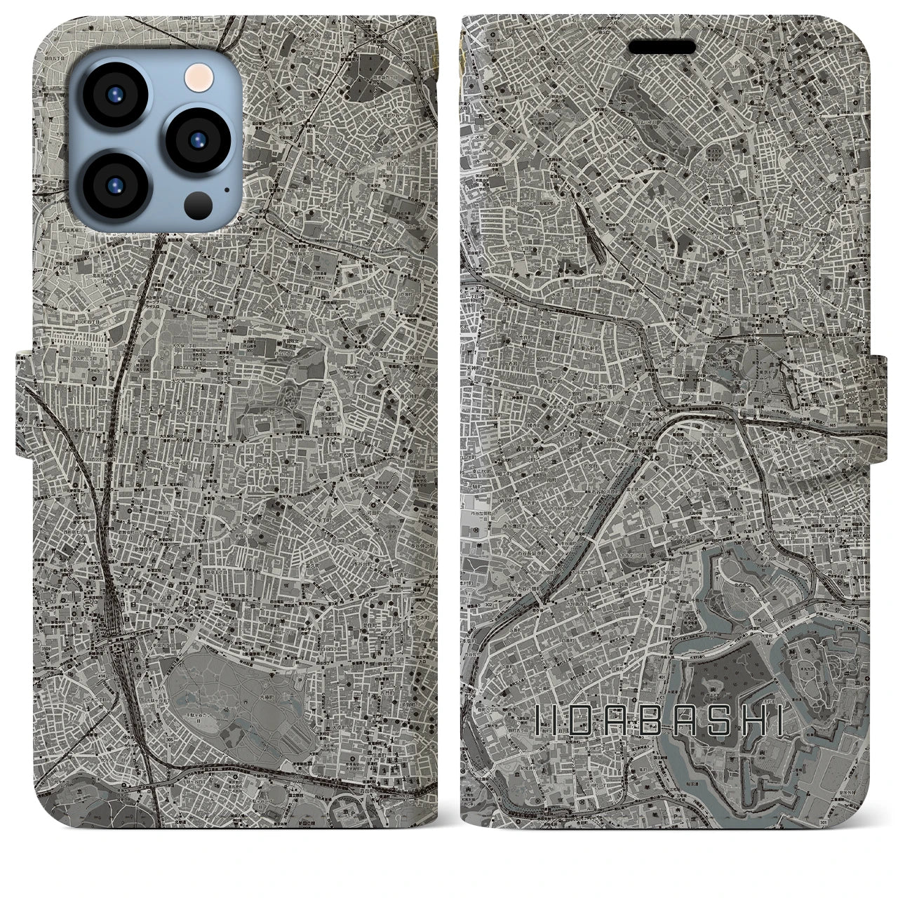 【飯田橋(東京都)】地図柄iPhoneケース(手帳タイプ)モノトーン・iPhone 13 Pro Max 用