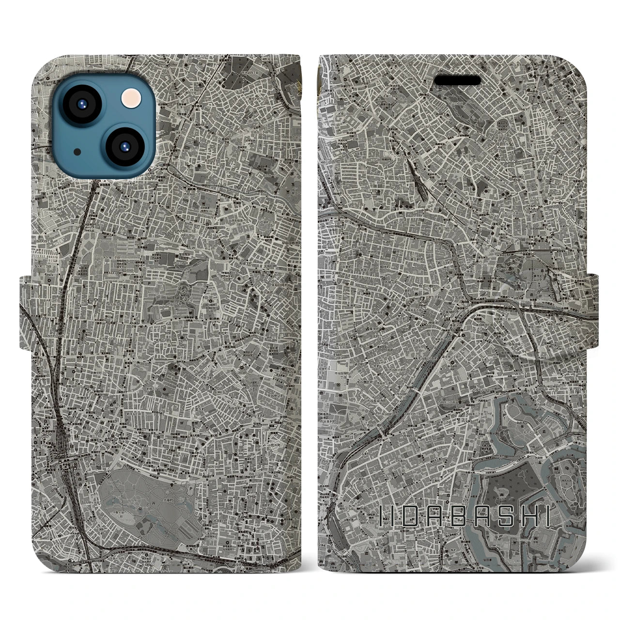 【飯田橋(東京都)】地図柄iPhoneケース(手帳タイプ)モノトーン・iPhone 13 用