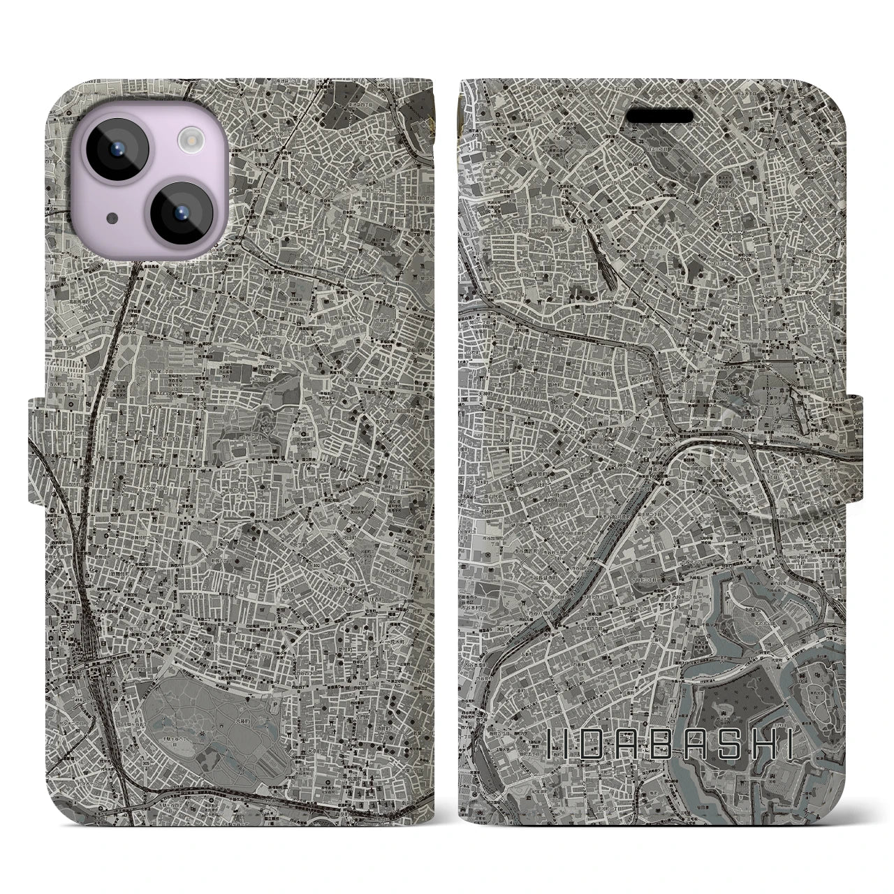【飯田橋(東京都)】地図柄iPhoneケース(手帳タイプ)モノトーン・iPhone 14 用