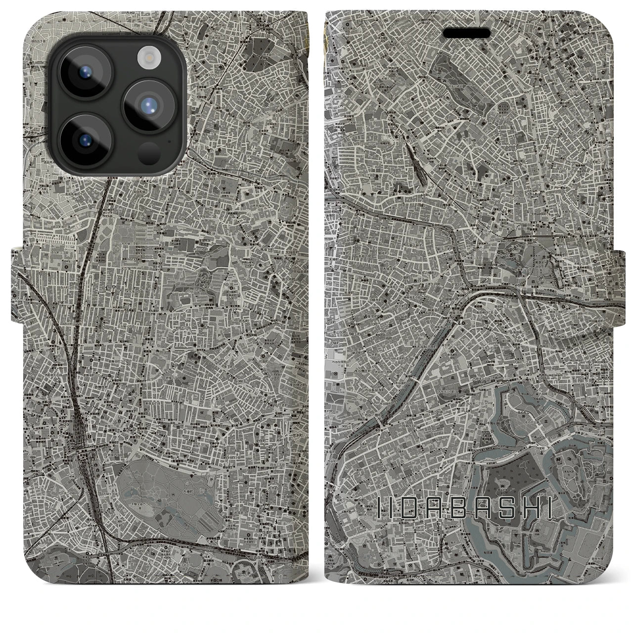 【飯田橋(東京都)】地図柄iPhoneケース(手帳タイプ)モノトーン・iPhone 15 Pro Max 用