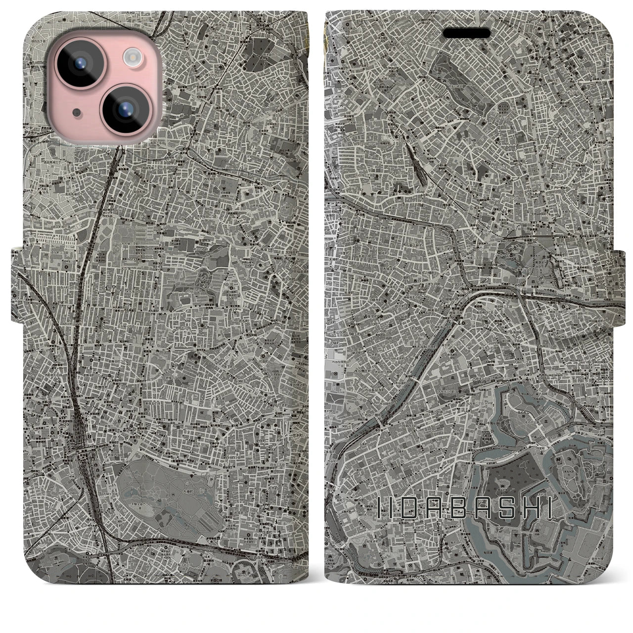 【飯田橋(東京都)】地図柄iPhoneケース(手帳タイプ)モノトーン・iPhone 15 Plus 用