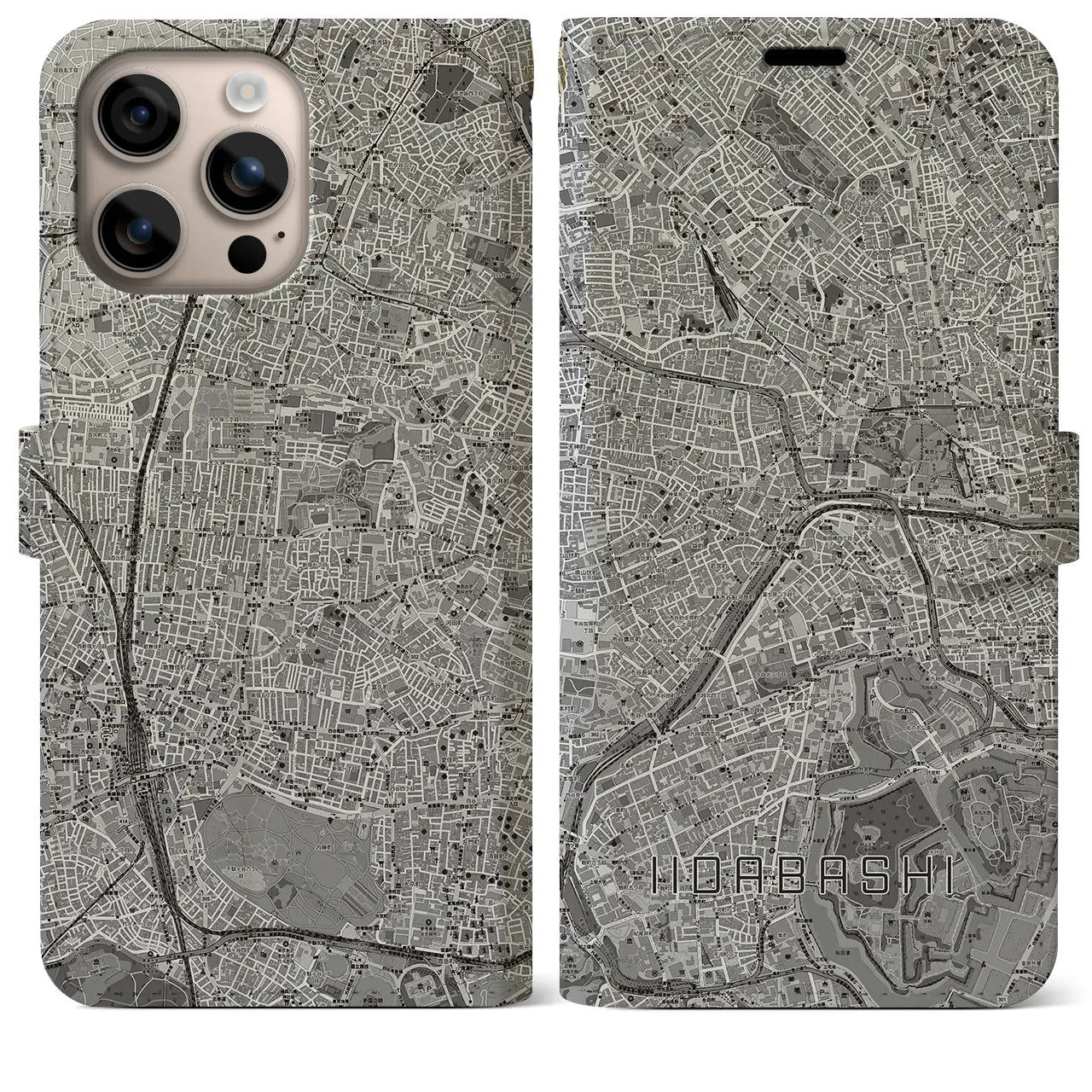 【飯田橋(東京都)】地図柄iPhoneケース(手帳タイプ)モノトーン・iPhone 16 Plus 用
