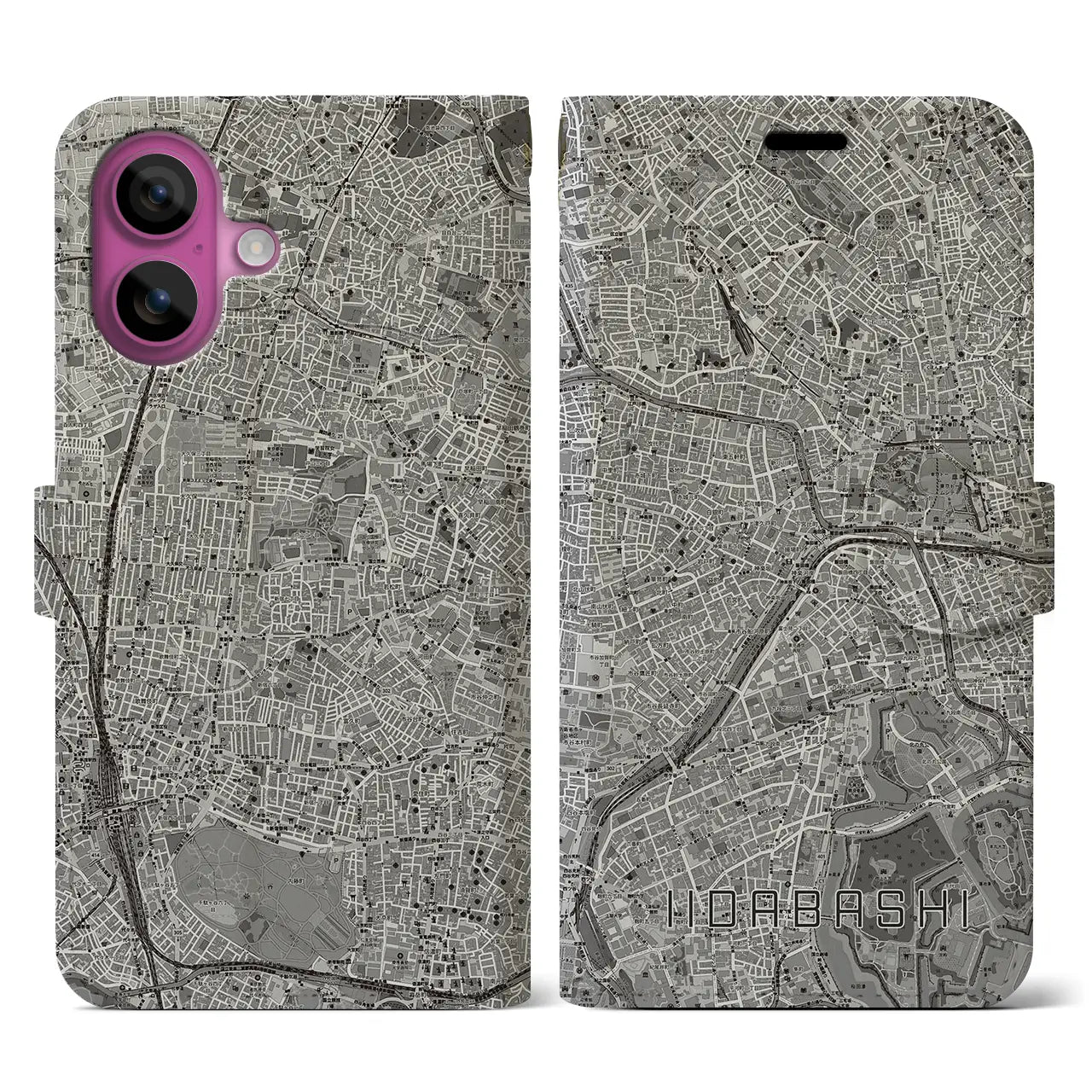 【飯田橋(東京都)】地図柄iPhoneケース(手帳タイプ)モノトーン・iPhone 16 Pro 用