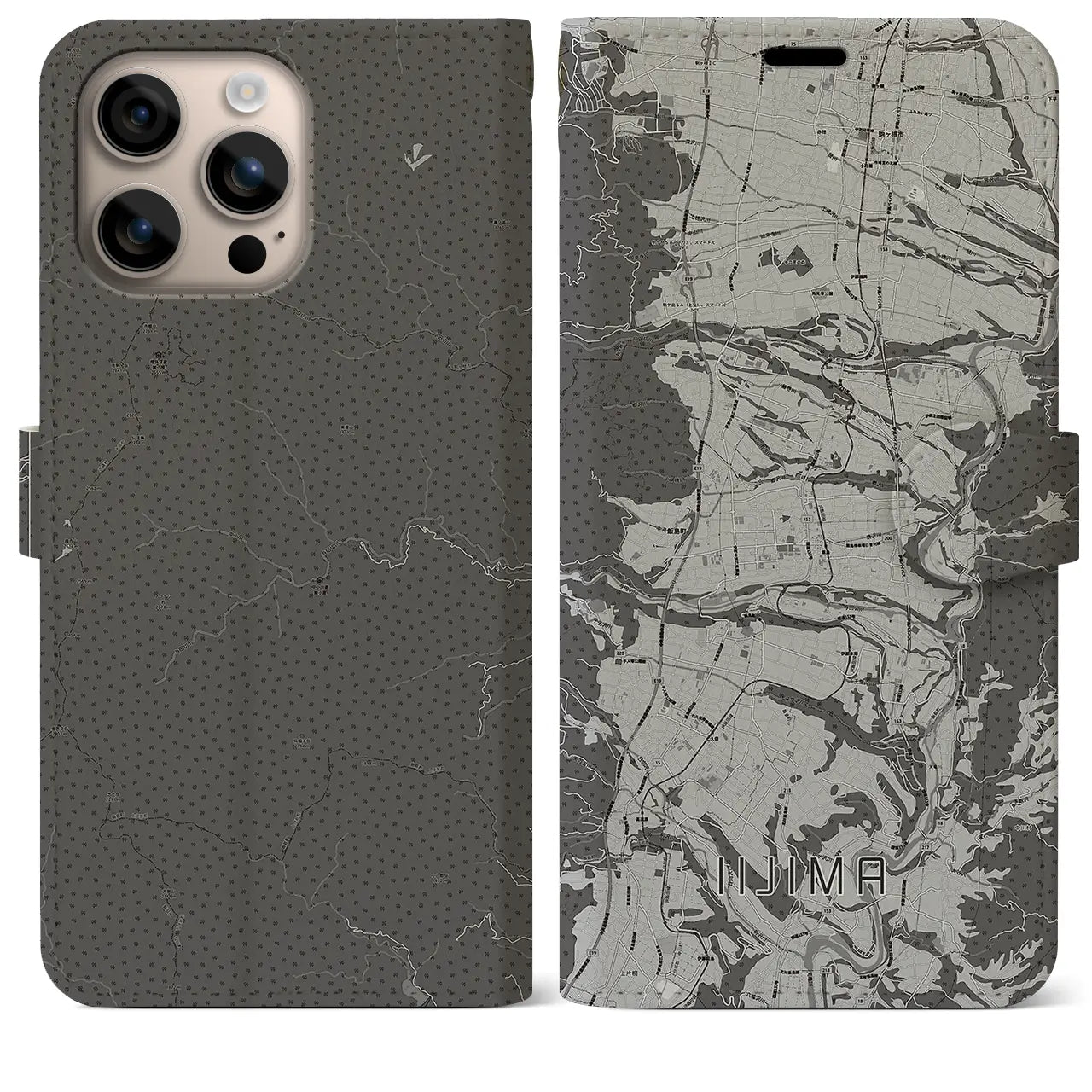 【飯島(長野県)】地図柄iPhoneケース(手帳タイプ)モノトーン・iPhone 16 Plus 用